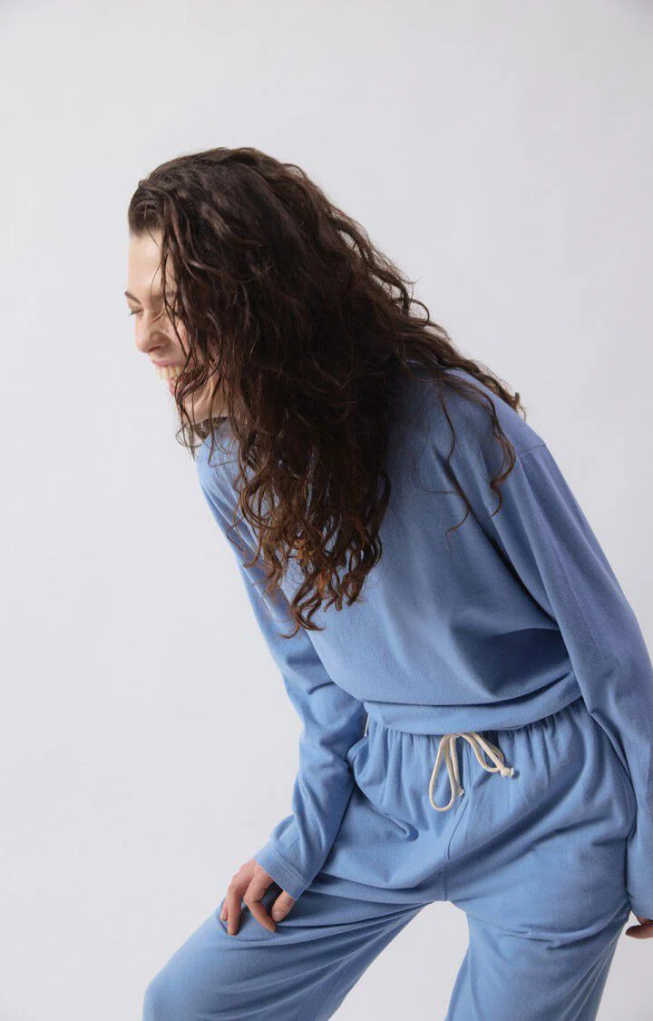 Women Oversized Long Sleeve T Shirt Cotton Jersey - Blue Bleu-Chine - Image 5