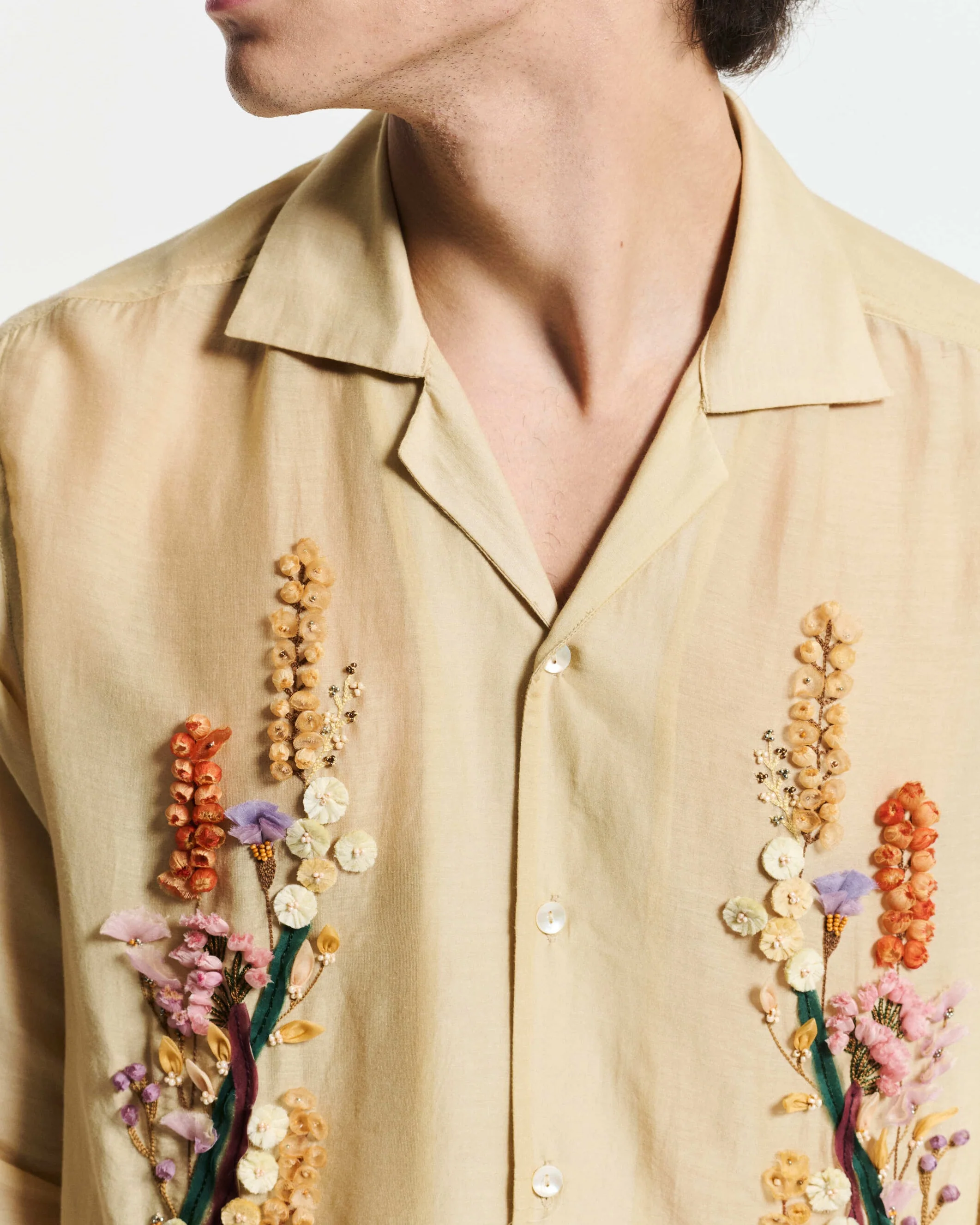 Women's Embroidered Button-Down Blouse Cotton Silk Blend - Beige - Image 2