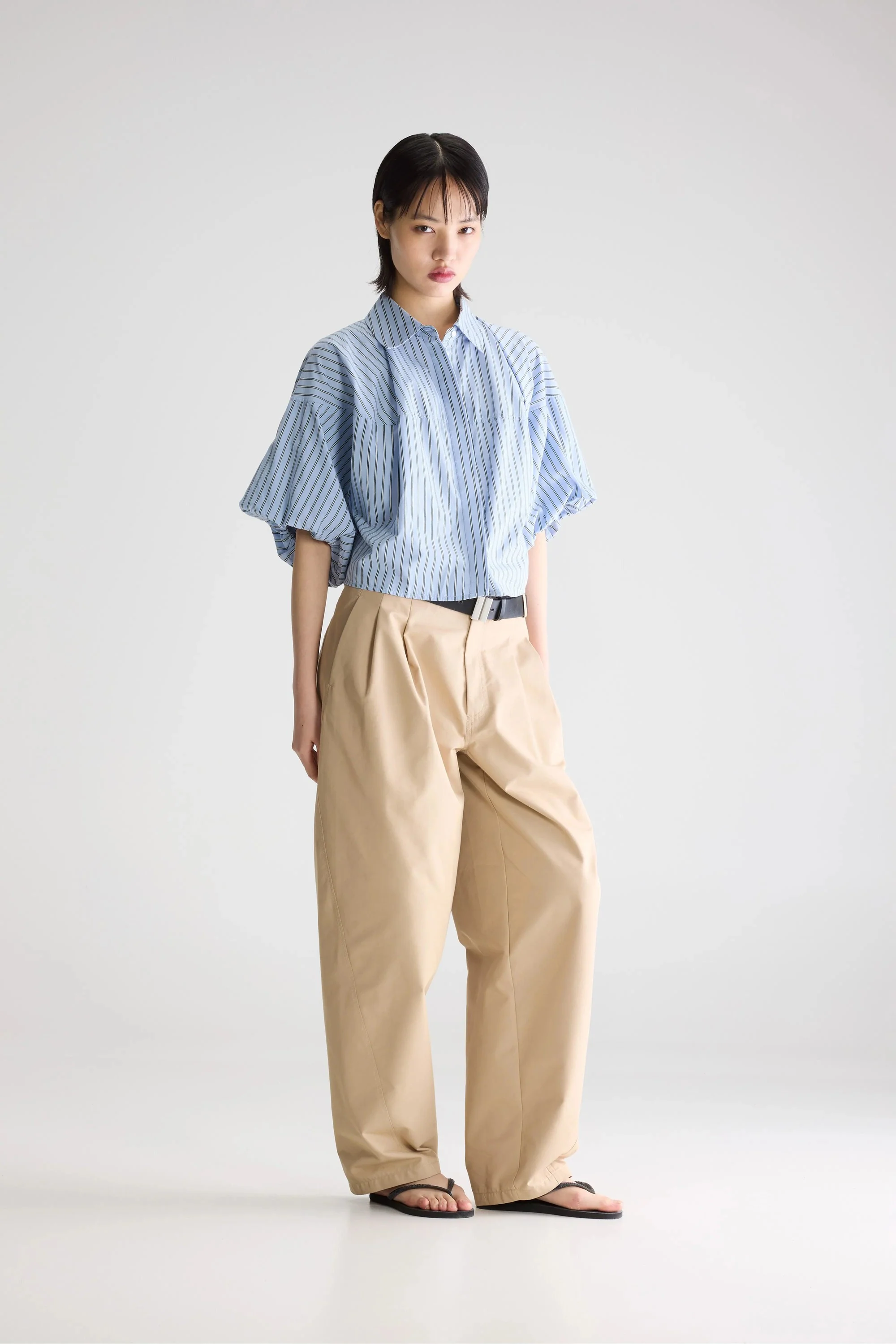Women Button-Up Shirt With Balloon Sleeves 100 Percent Cotton - White Striped Stripe-B - Image 2