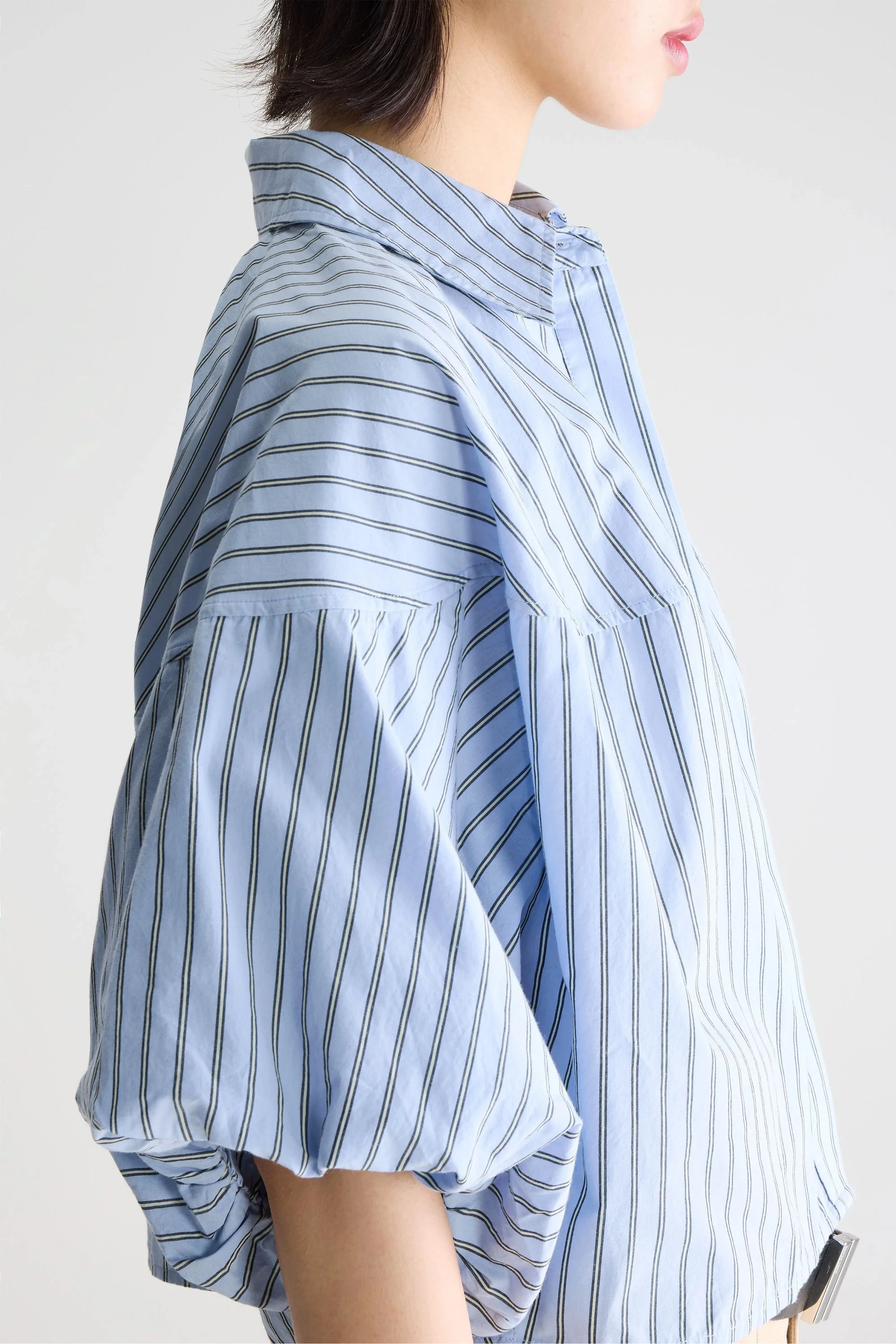 Women Button-Up Shirt With Balloon Sleeves 100 Percent Cotton - White Striped Stripe-B - Image 4