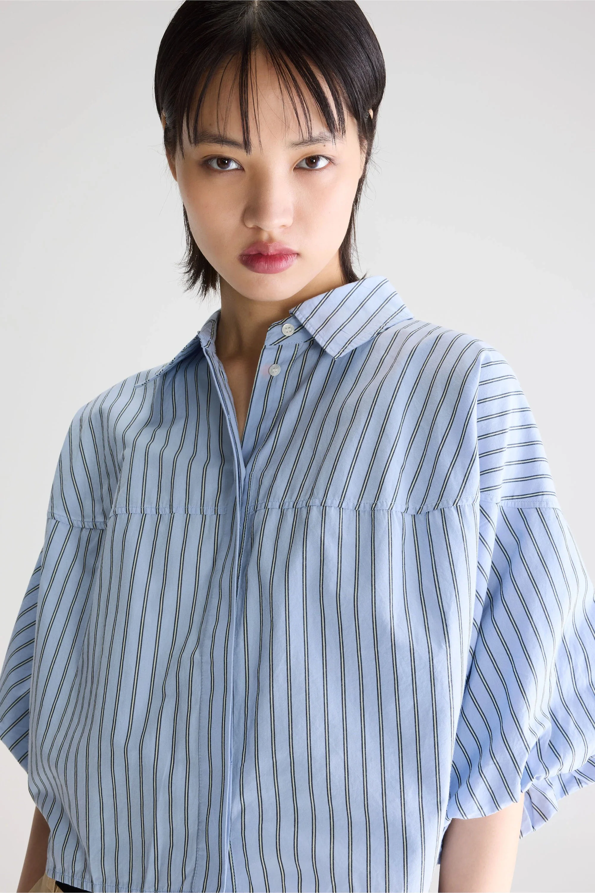 Women Button-Up Shirt With Balloon Sleeves 100 Percent Cotton - White Striped Stripe-B - Image 5