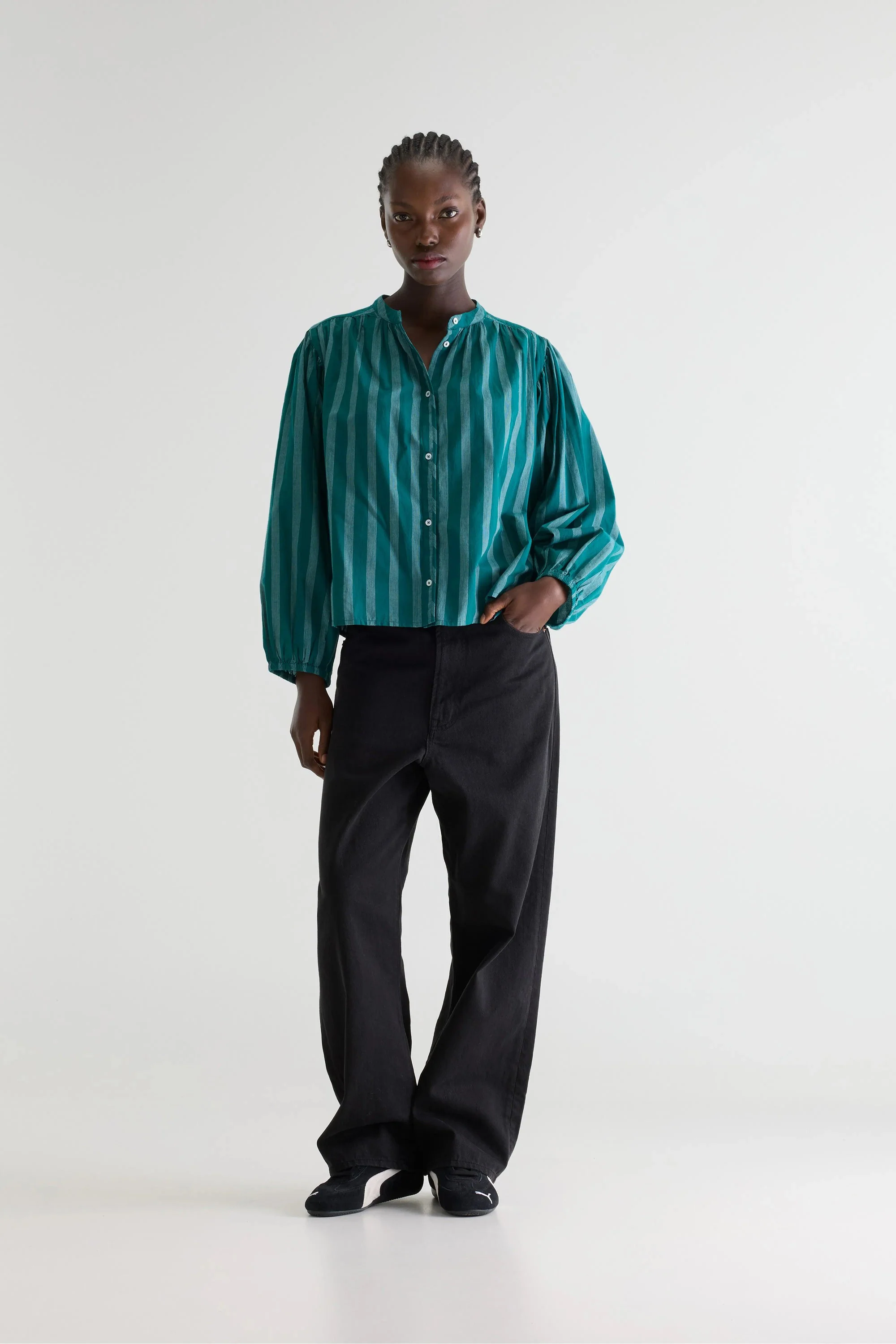 Women's Blouse 100% Cotton Poplin - Emerald Green Stripe Stripe-A - Image 2