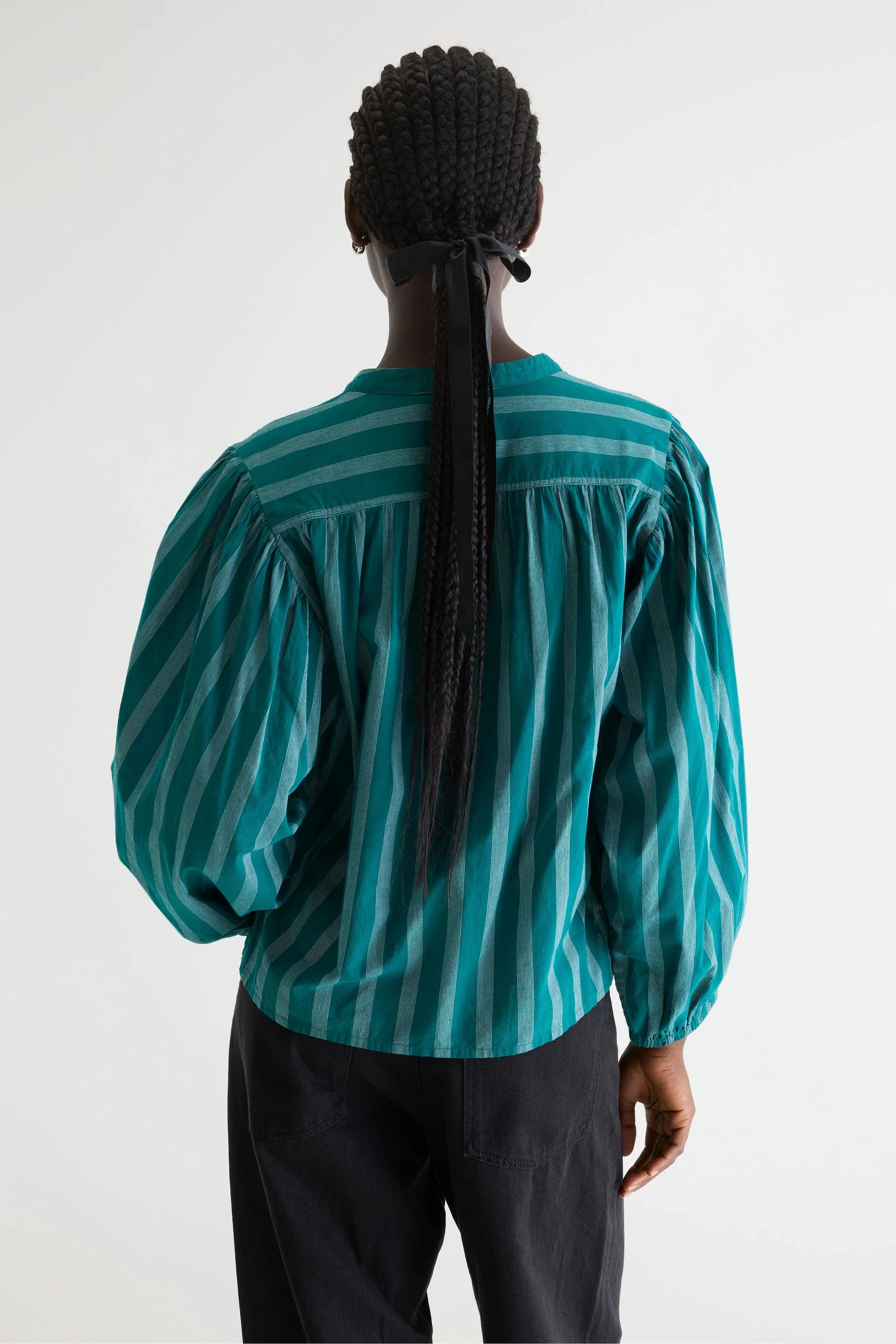 Women's Blouse 100% Cotton Poplin - Emerald Green Stripe Stripe-A - Image 3