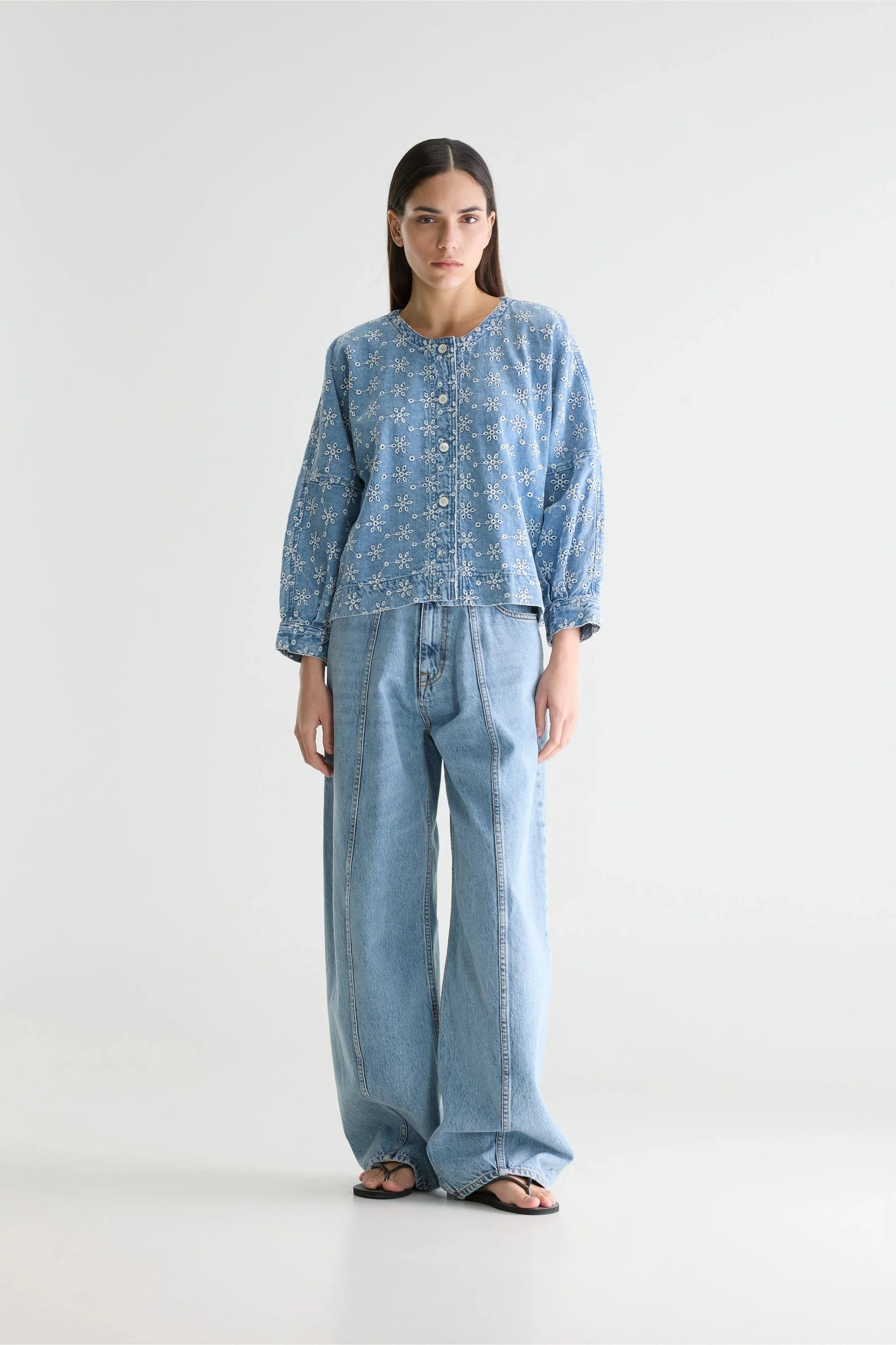 Women's Long-Sleeve Button-Front Blouse Denim - Medium Blue Medium-Bleach - Image 2