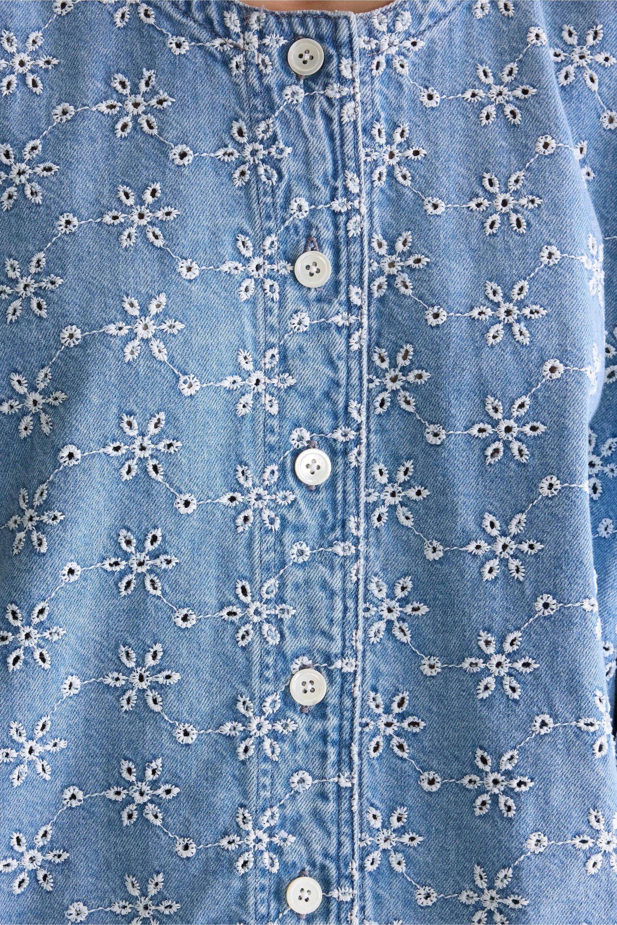Women's Long-Sleeve Button-Front Blouse Denim - Medium Blue Medium-Bleach - Image 5