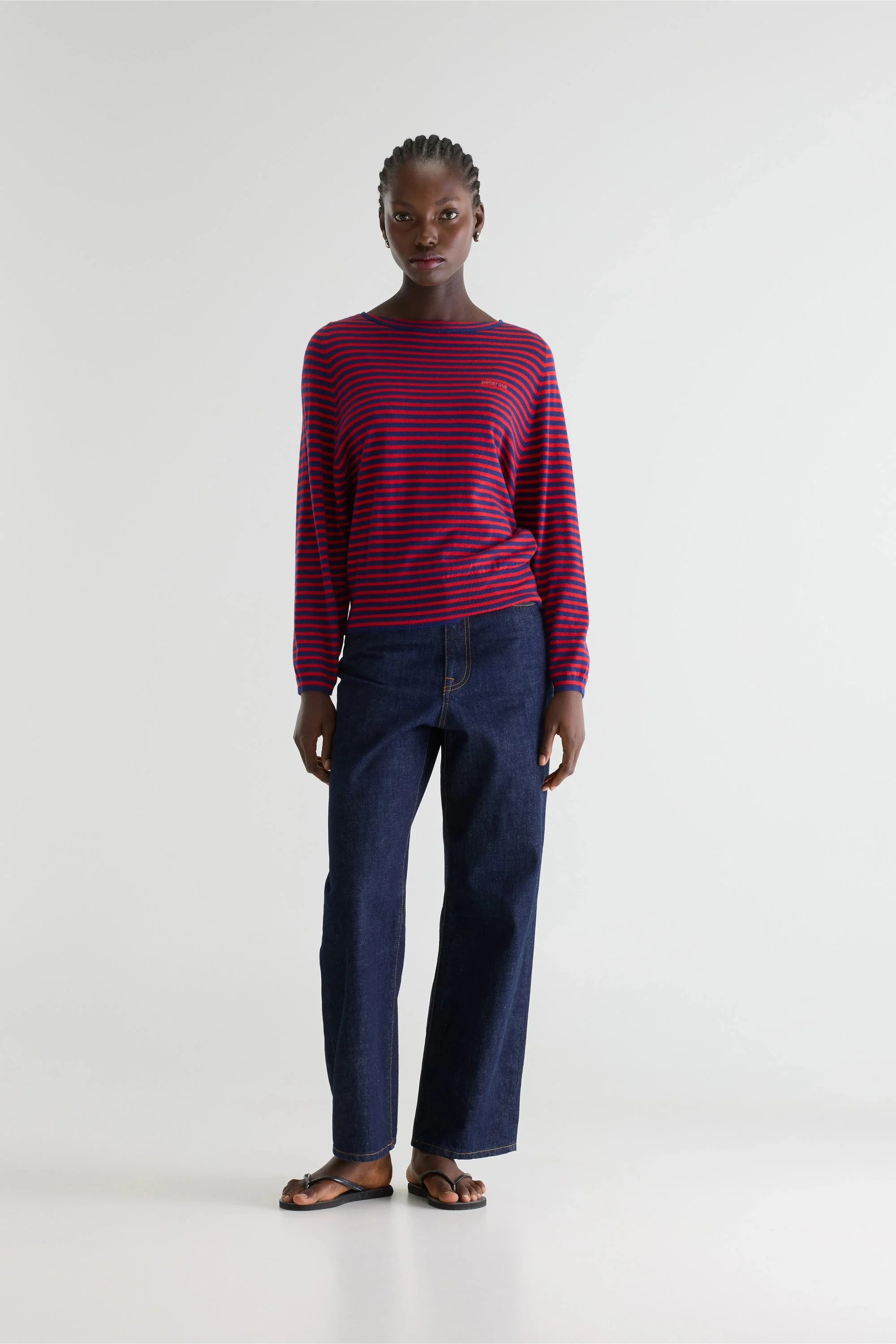 Women's Pullover Sweater Fine Gauge Knit - Red and Navy Stripes Stripe-A - Image 2