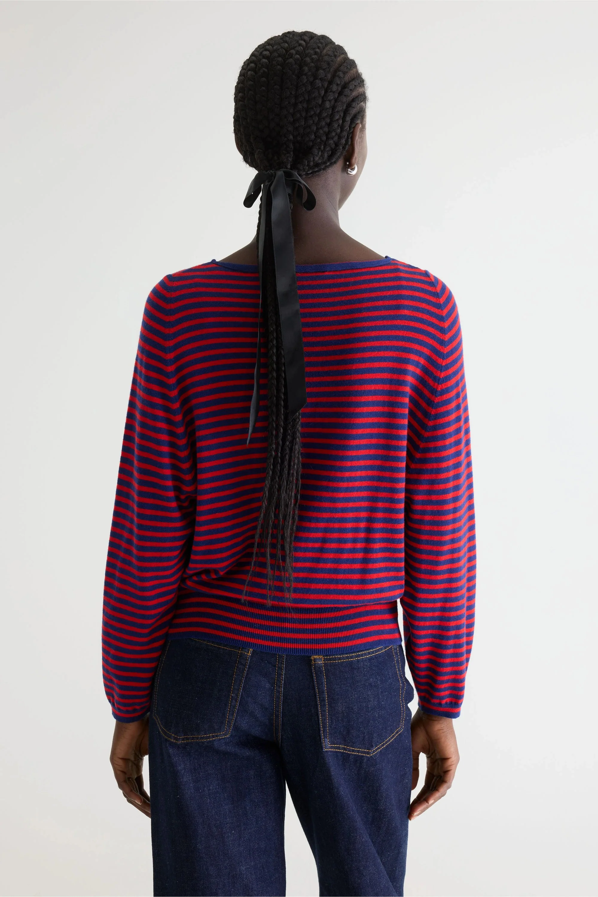 Women's Pullover Sweater Fine Gauge Knit - Red and Navy Stripes Stripe-A - Image 3