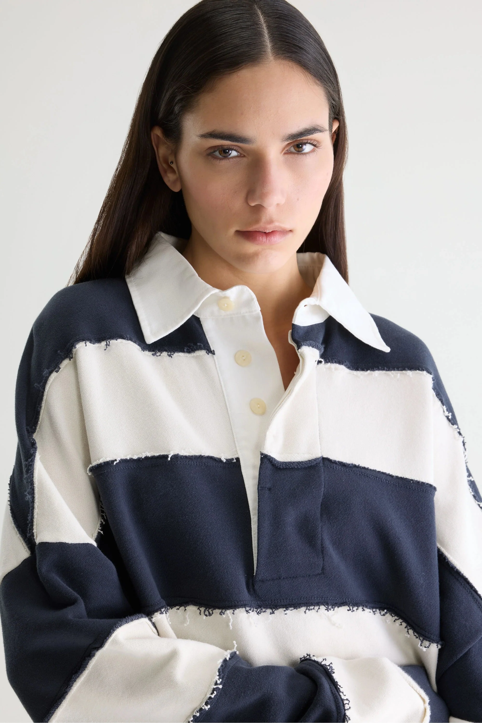Women's Oversized Rugby-Style Sweatshirt Cotton - Khaki Mint Stripe Combo-A - Image 3