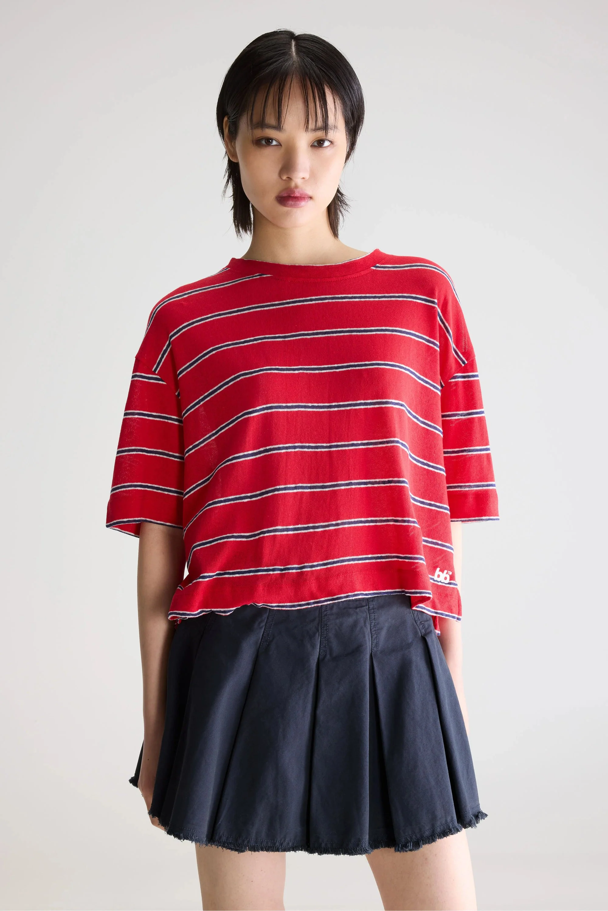 Unisex T-Shirt Cotton-Linen Jersey - Red and Blue Striped Stripe-A - Image 2