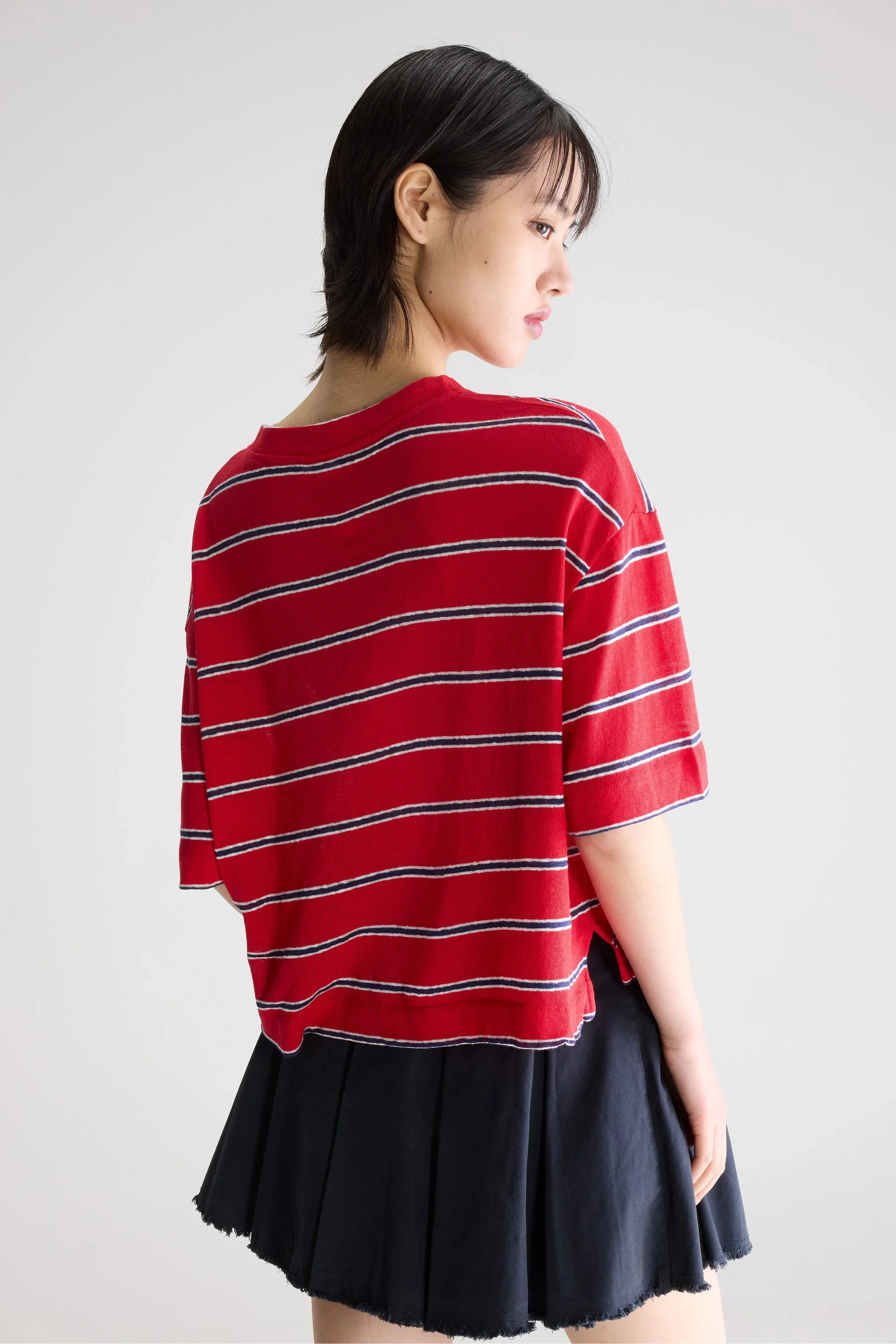 Unisex T-Shirt Cotton-Linen Jersey - Red and Blue Striped Stripe-A - Image 4