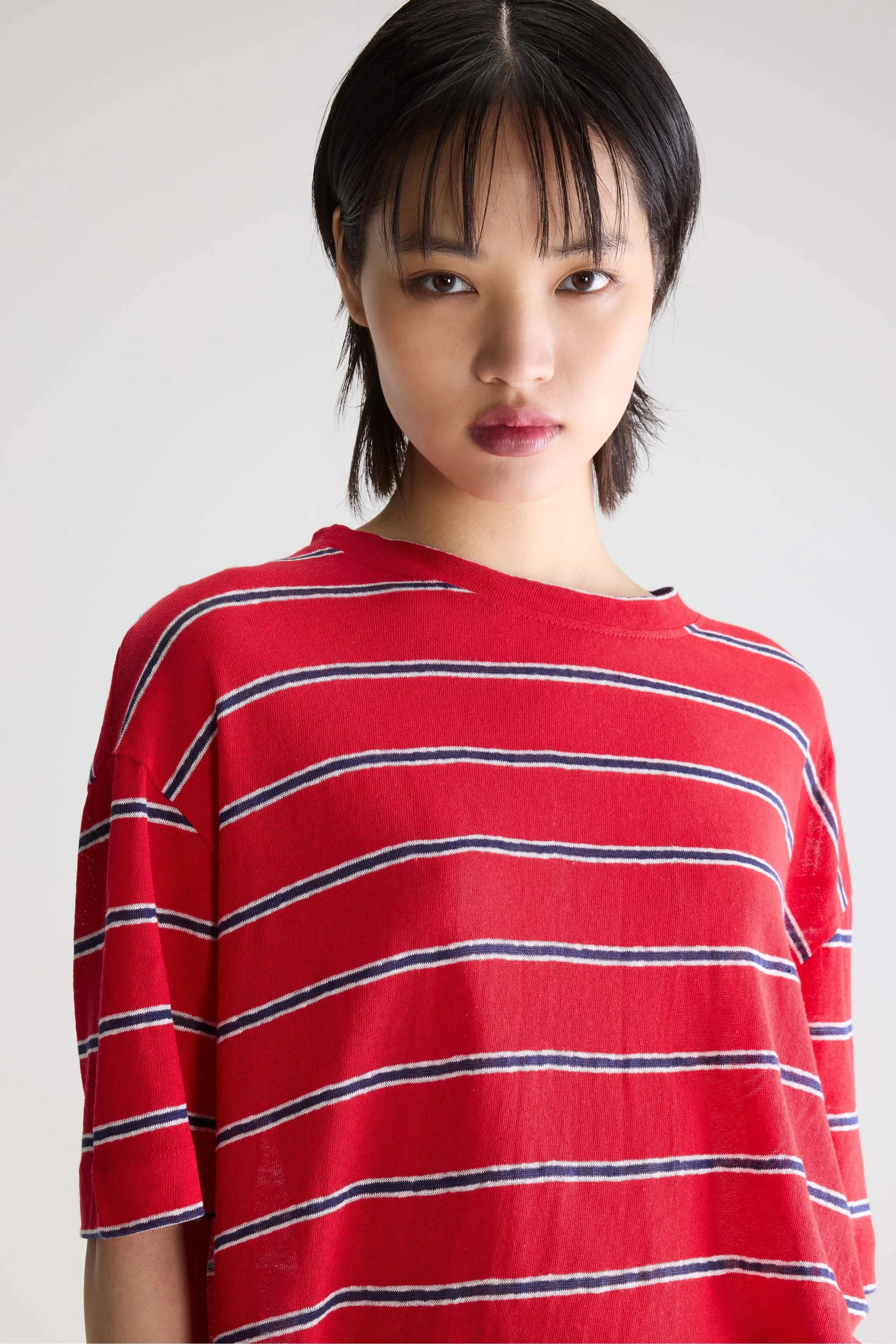 Unisex T-Shirt Cotton-Linen Jersey - Red and Blue Striped Stripe-A - Image 5