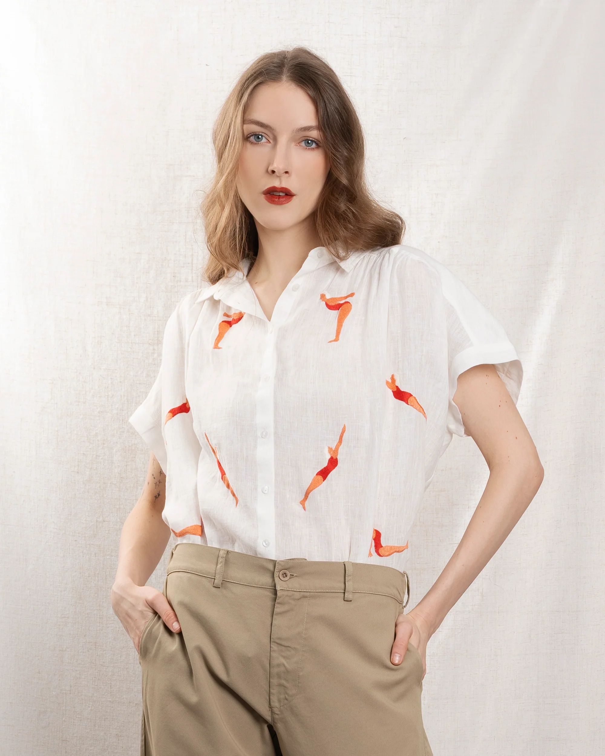Women's Button-Down Blouse 100% Cotton Poplin - Mint Leaf White - Image 6