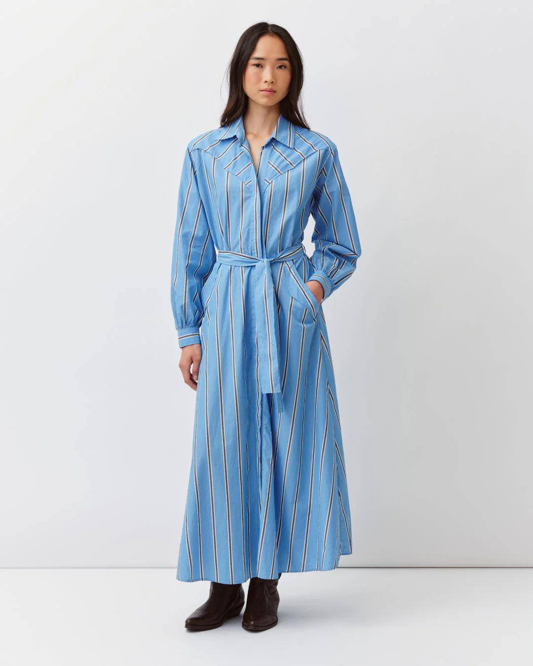 Women's Shirt Dress 100% Cotton Poplin - Blue Chocolate 1-Bleu-Chocolat