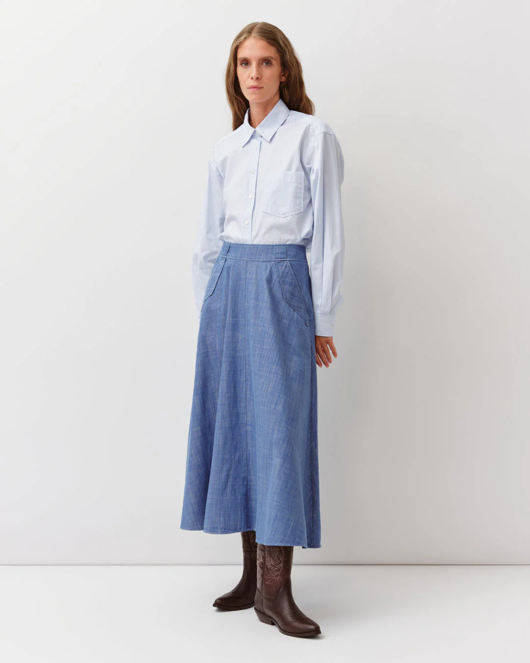 Women's Long Flared Skirt Premium Woven Fabric - Blue 1-Bleu - Image 2