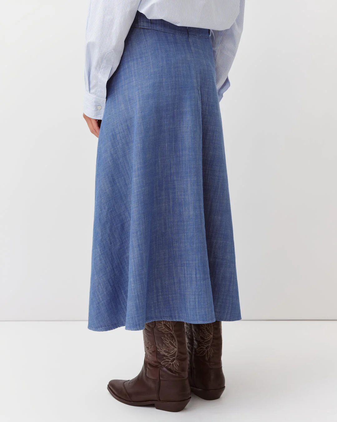 Women's Long Flared Skirt Premium Woven Fabric - Blue 1-Bleu - Image 3