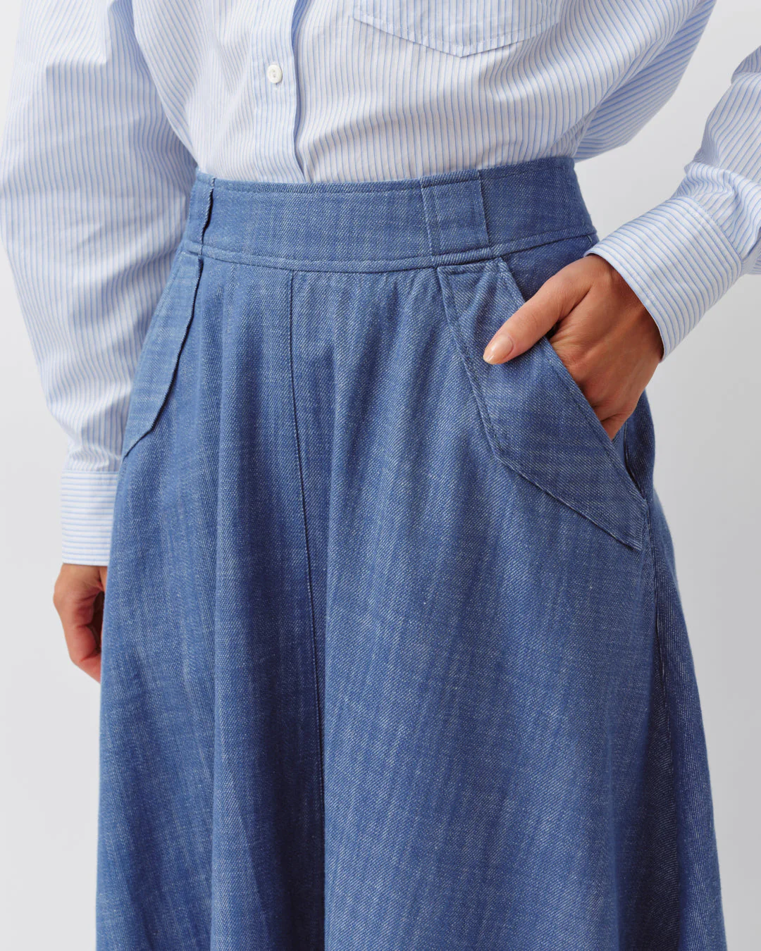 Women's Long Flared Skirt Premium Woven Fabric - Blue 1-Bleu - Image 4