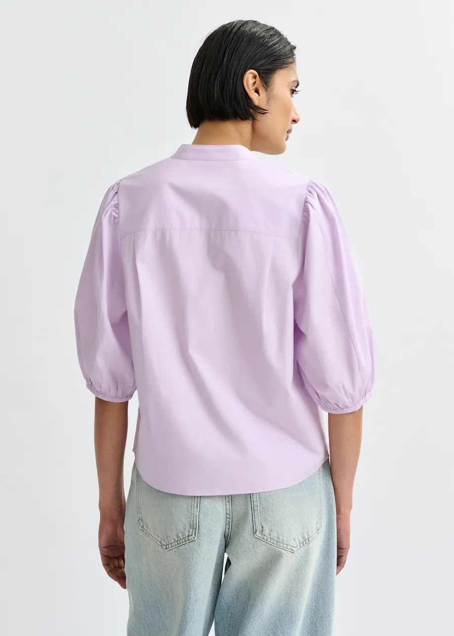 Variation 1: Women's Button-Down Blouse With Embroidered Flowers Cotton Poplin - Mint Leaf Baby-Grape - Image 4