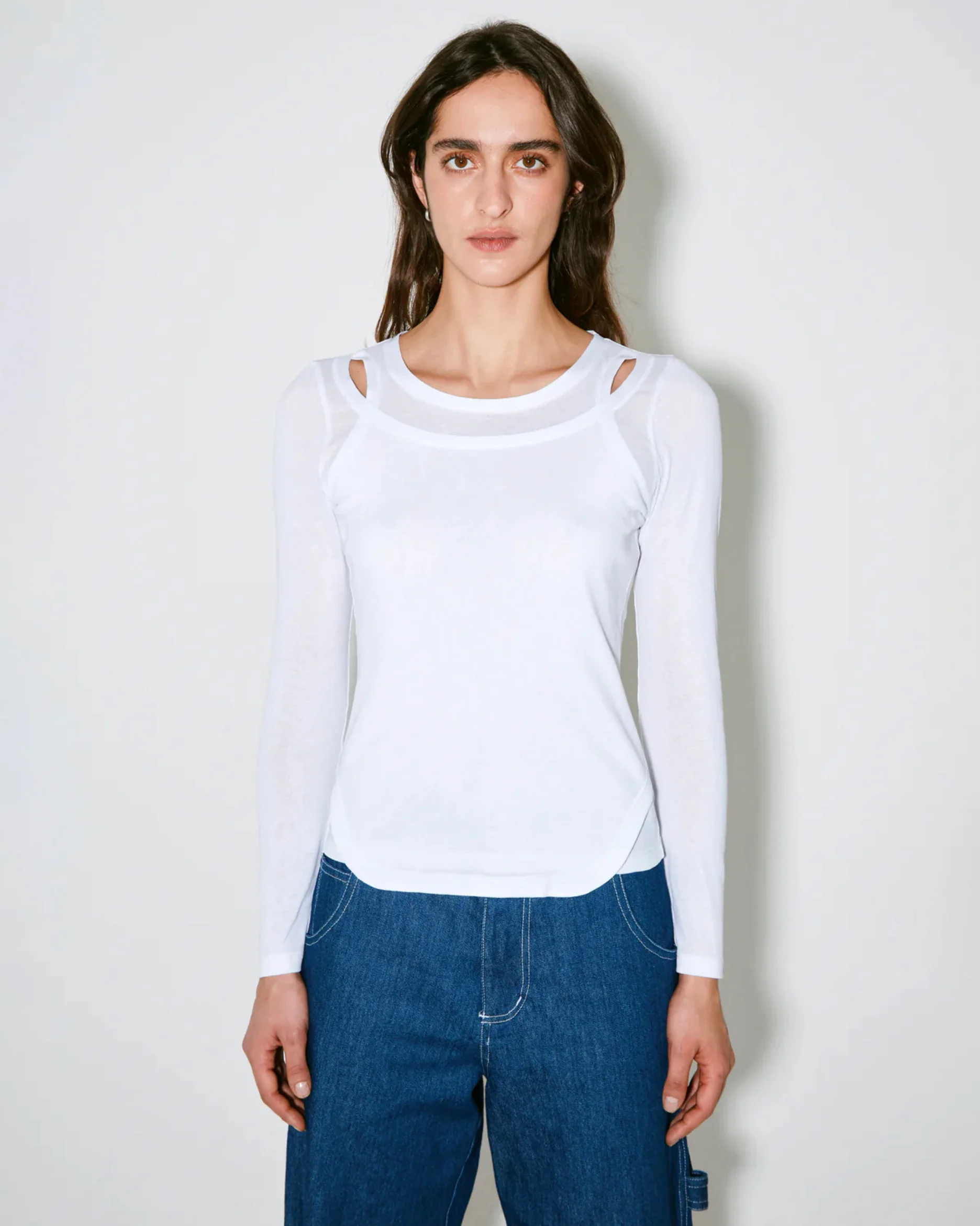 Façon Jacmin Women's Tilda 2-in-1 Layered Long Sleeve T-Shirt 100% Cotton Italian Jersey - White - Image 2