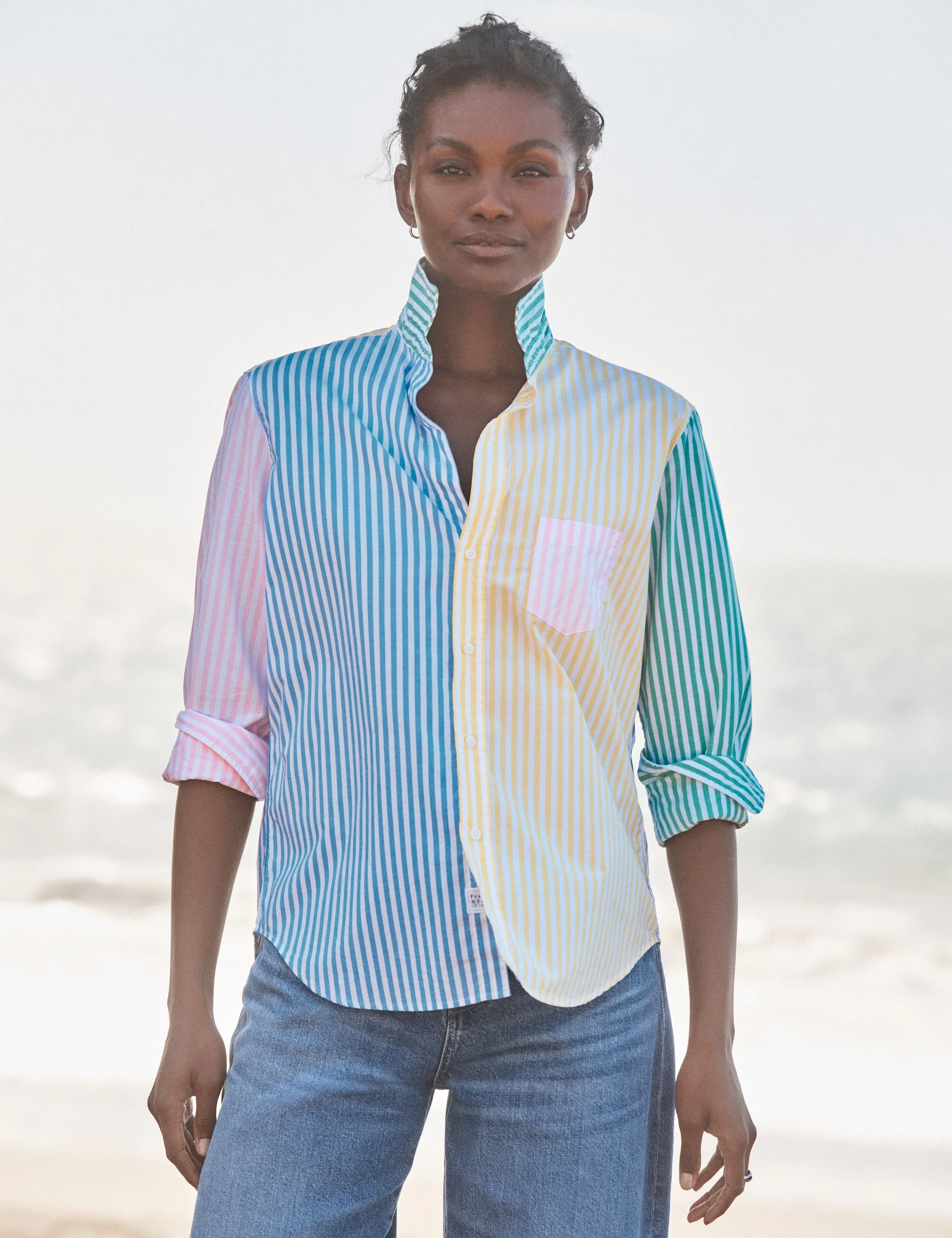 Women's Button-Down Blouse 100% Cotton Poplin - Mint Leaf Colorblock-Stripe