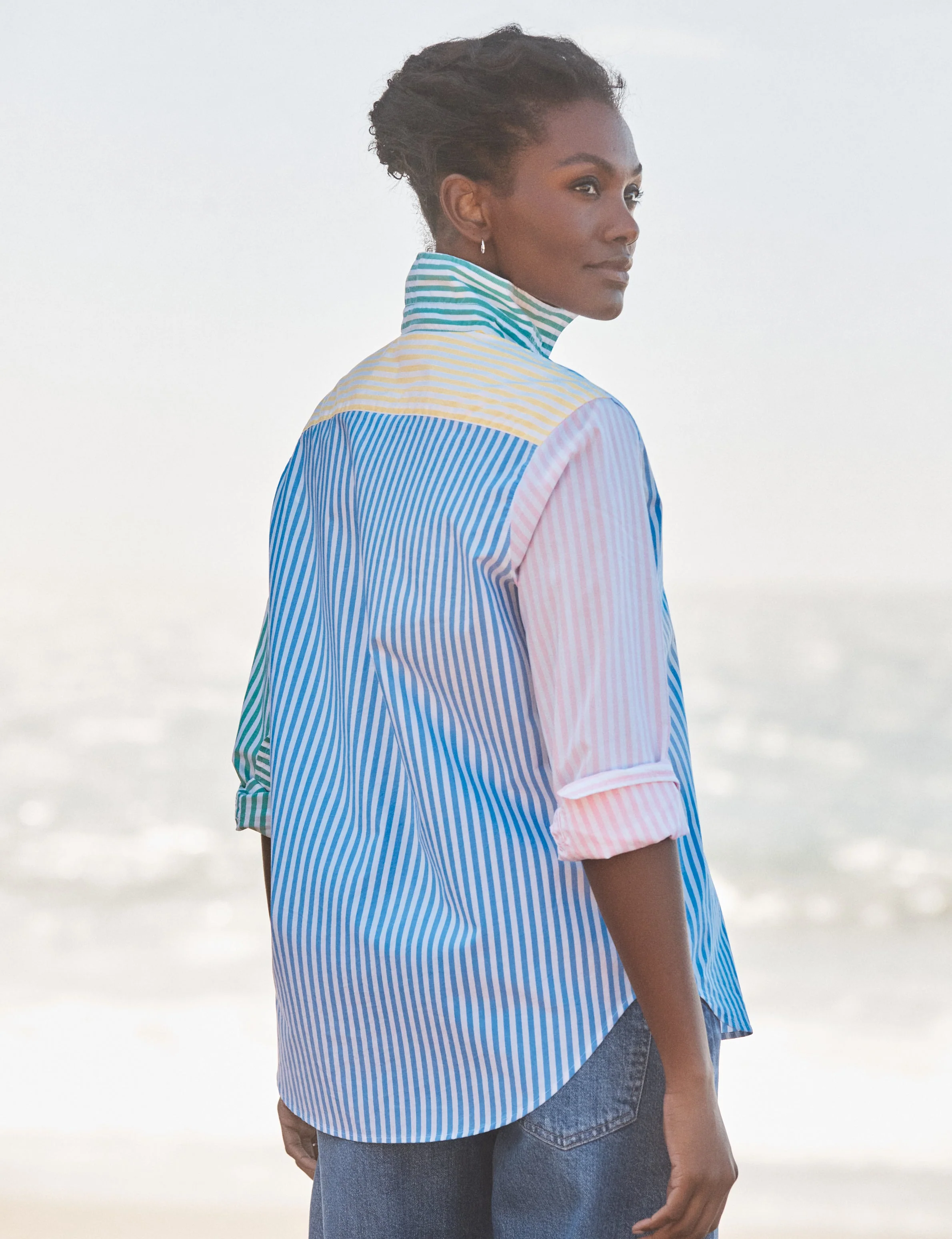 Women's Button-Down Blouse 100% Cotton Poplin - Mint Leaf Colorblock-Stripe - Image 2