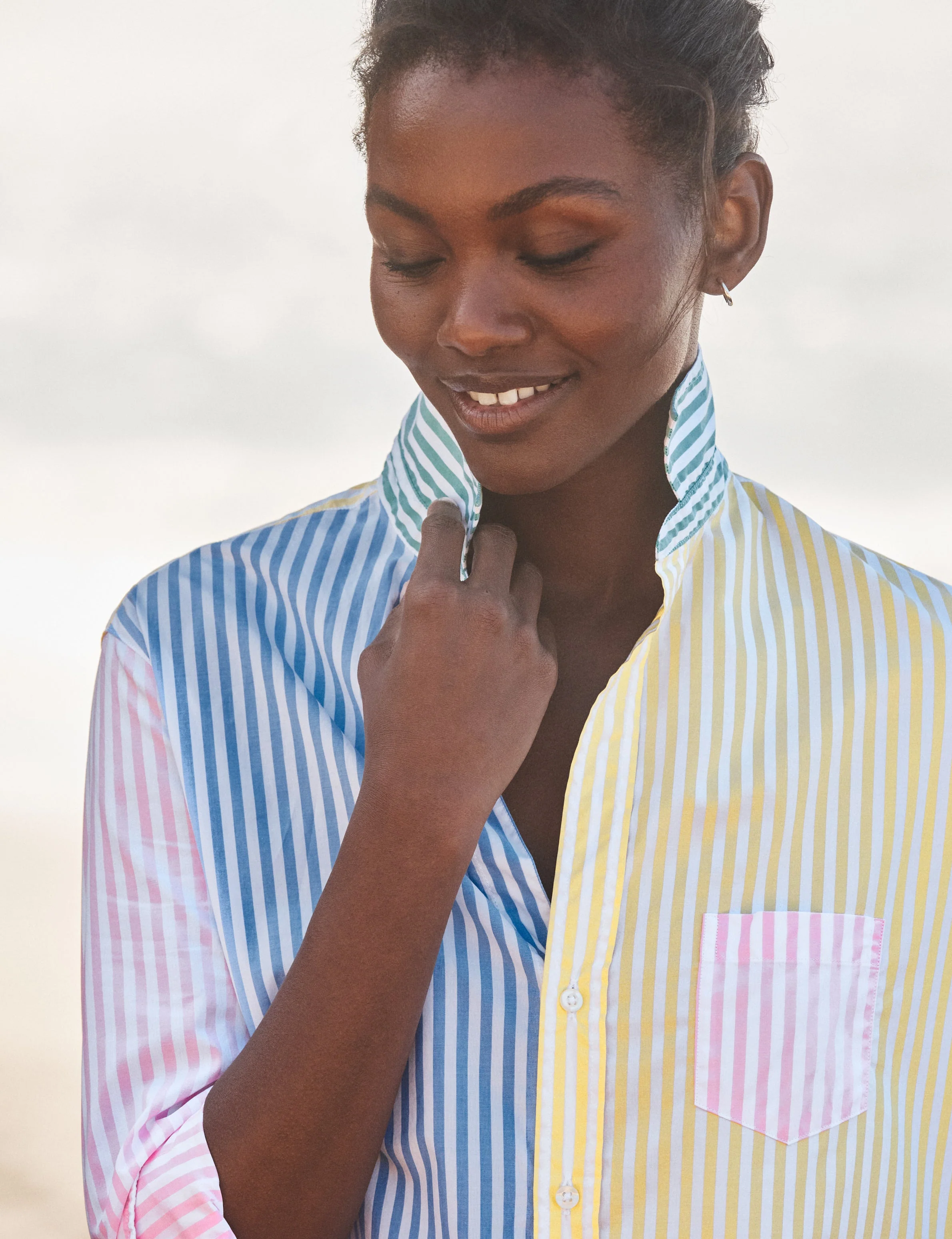 Women's Button-Down Blouse 100% Cotton Poplin - Mint Leaf Colorblock-Stripe - Image 3