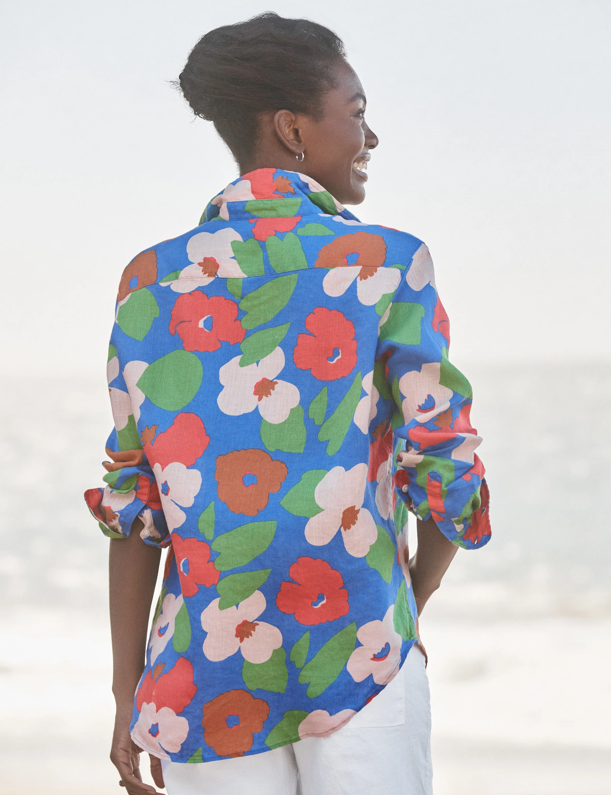 Women's Button-Down Shirt 100% Linen - Bright-Blue-Floral - Image 2