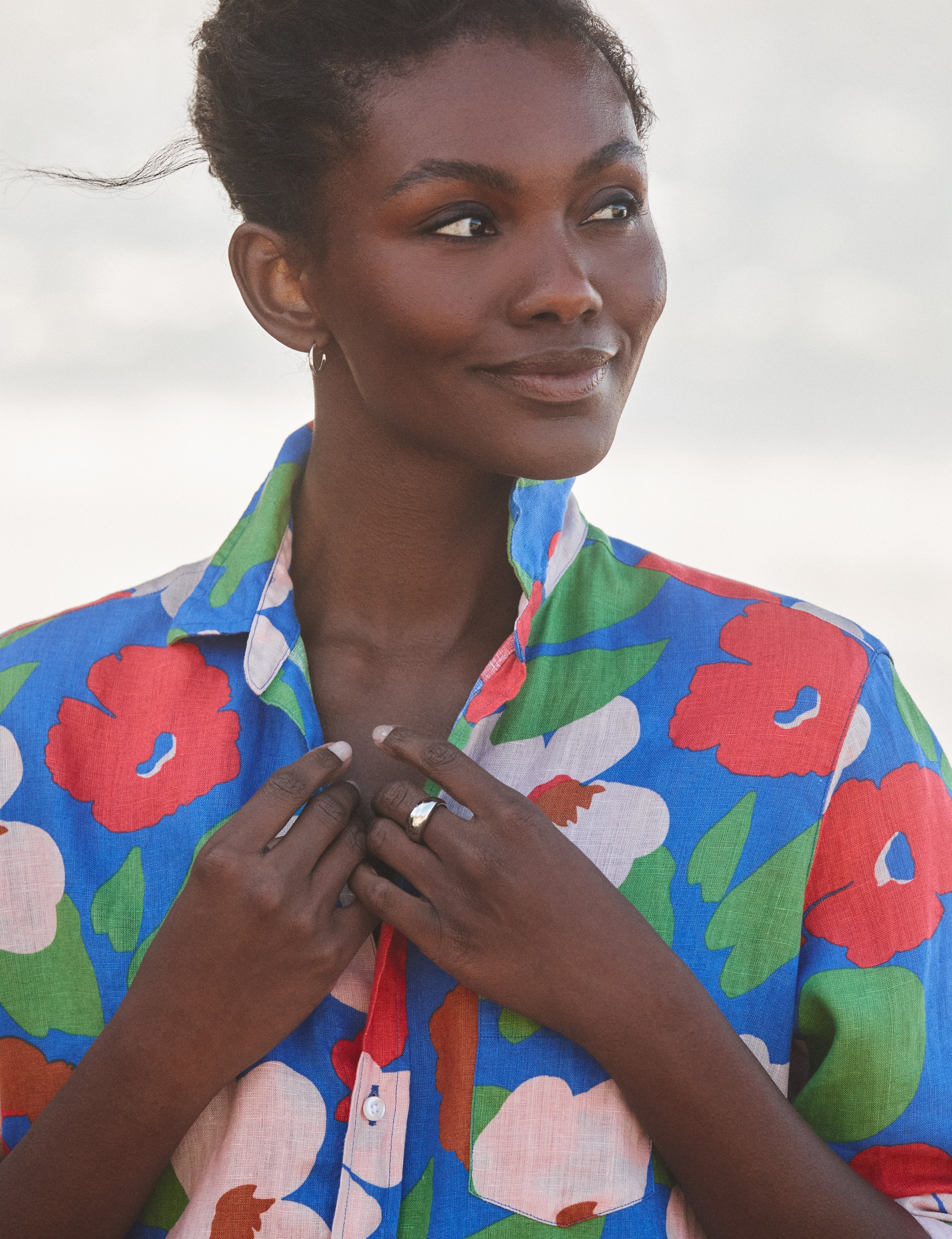 Women's Button-Down Shirt 100% Linen - Bright-Blue-Floral - Image 3