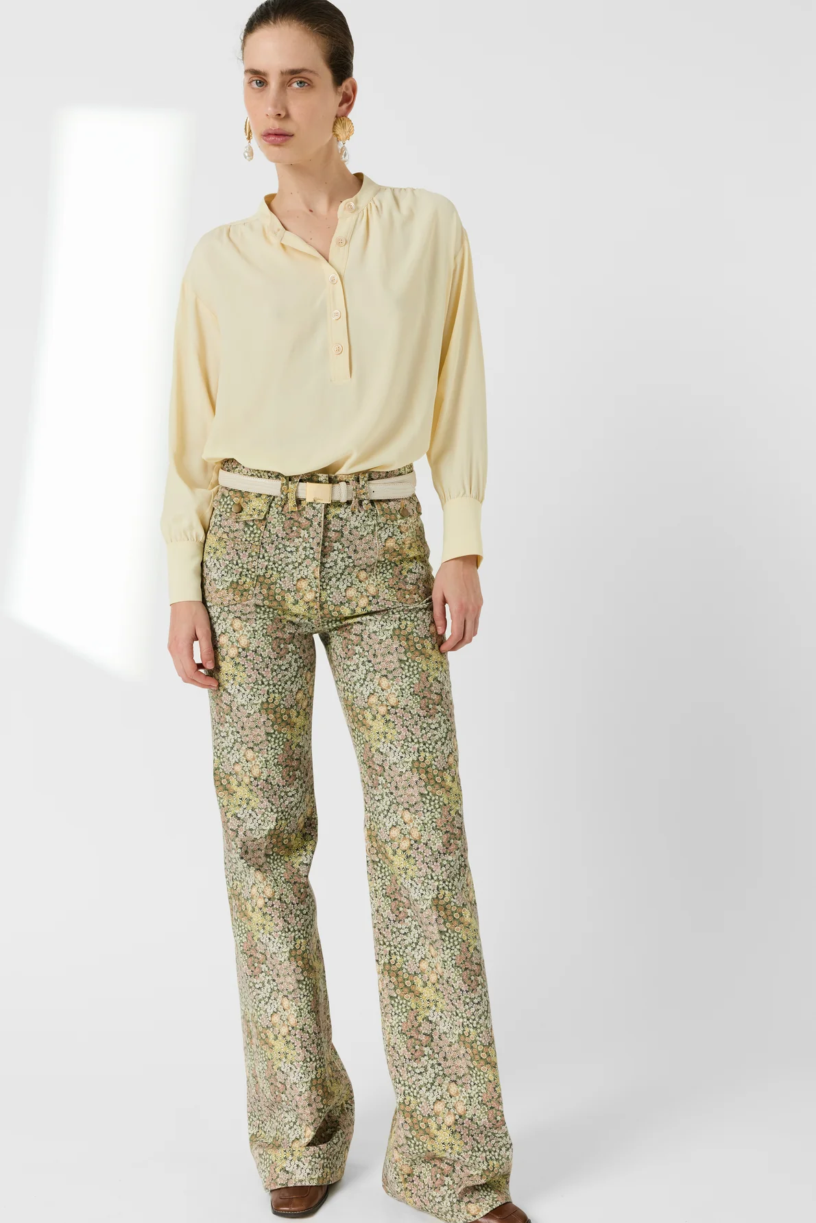 Women Button-Down Blouse Crepe Silk Charmeuse - Yellow - Image 2
