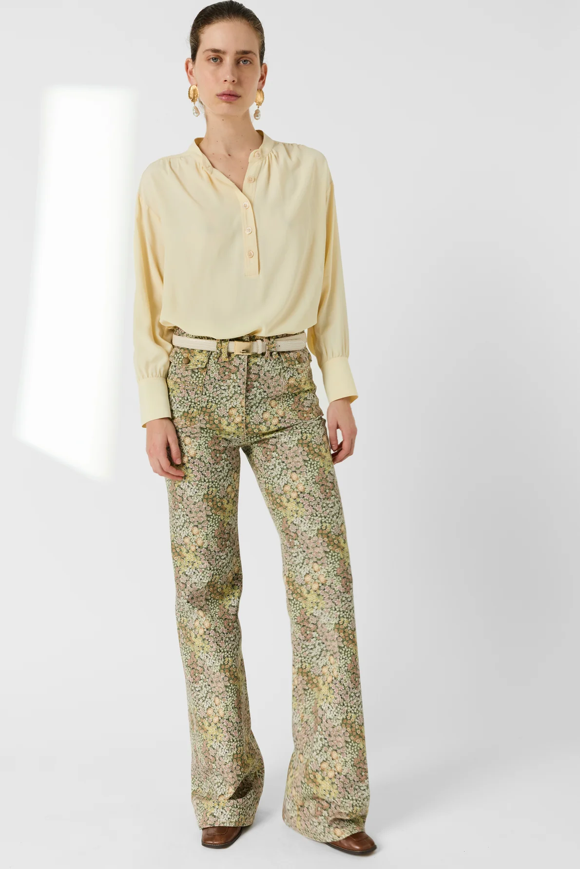 Women Button-Down Blouse Crepe Silk Charmeuse - Yellow - Image 3