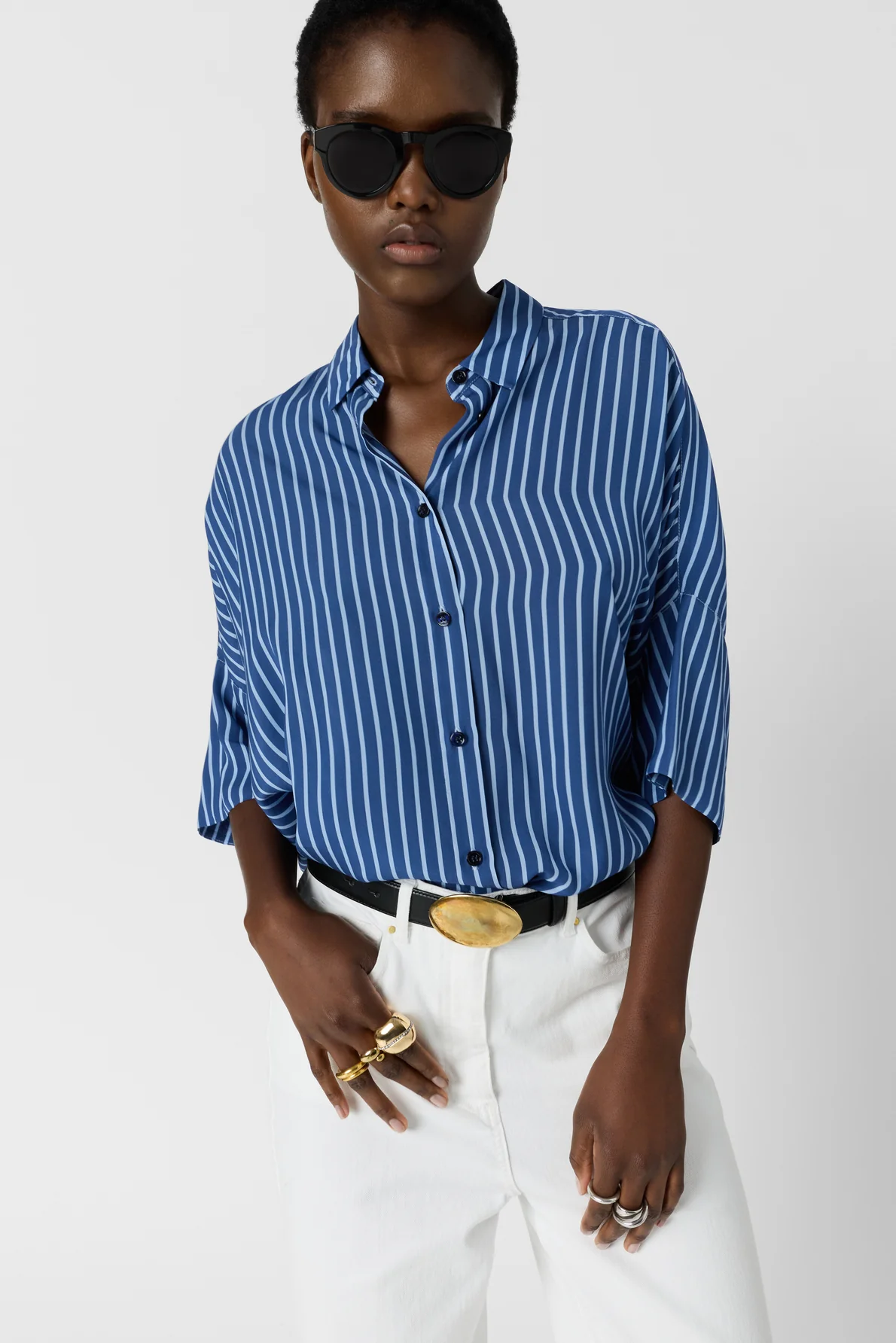 Women's Oversized Button-Down Blouse Fluid Crepe - Indigo - Image 2