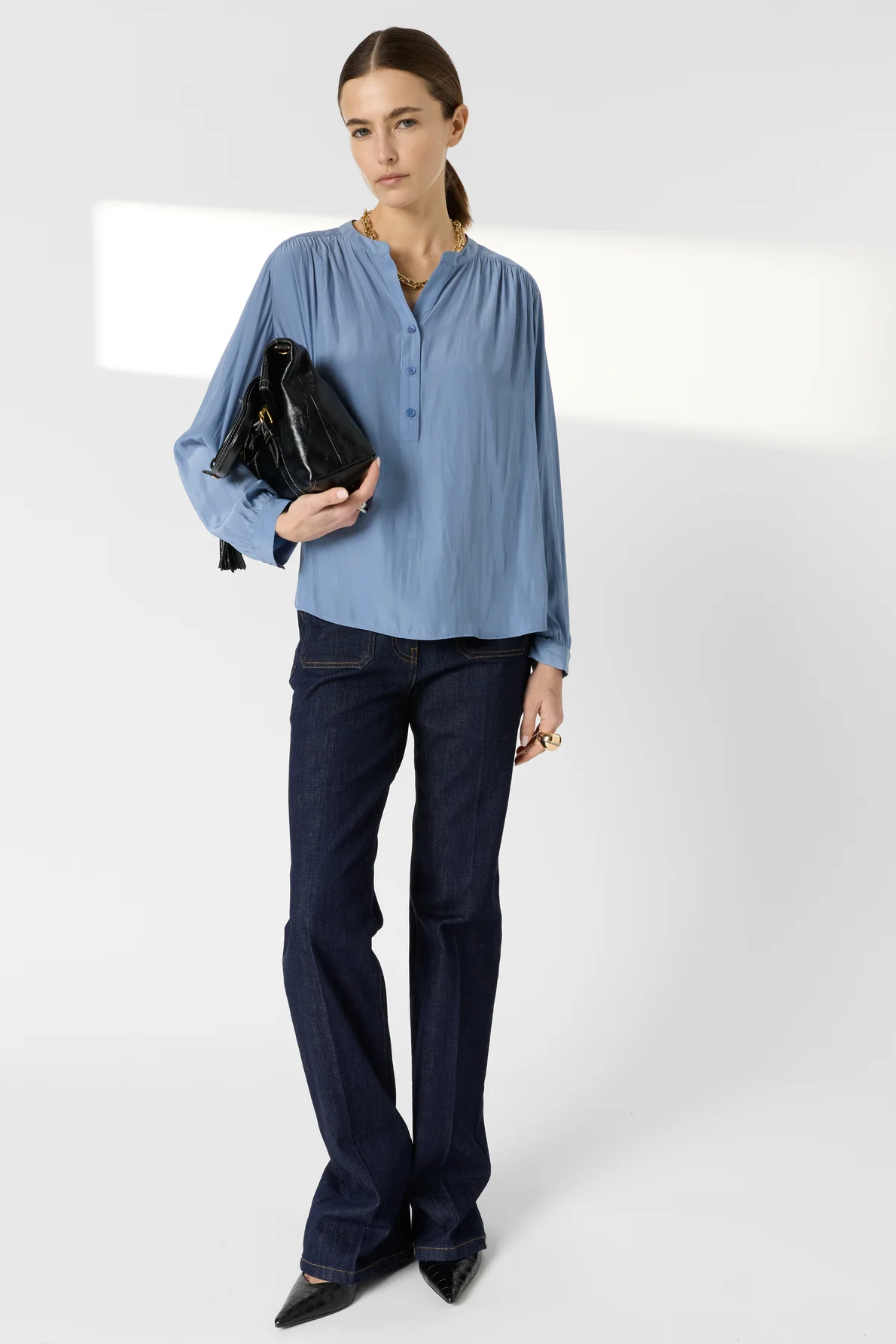 Women Blouse Satin Fabric With Pleated Texture - Bluesky - Image 3