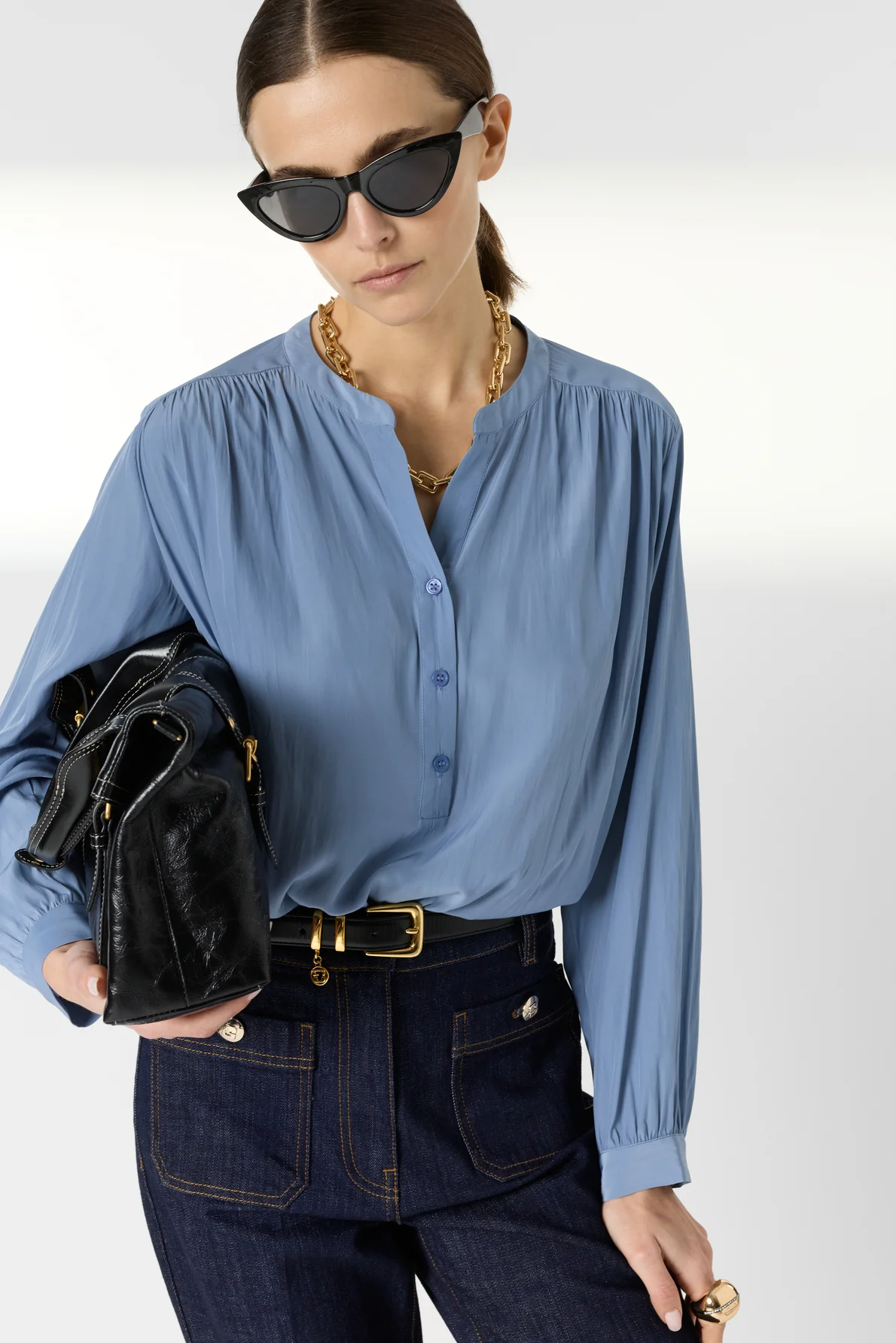 Women Blouse Satin Fabric With Pleated Texture - Bluesky - Image 5