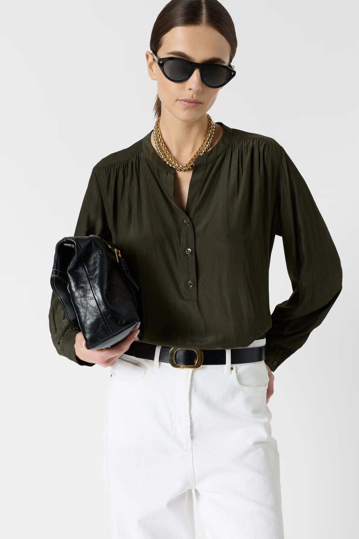Women's Button-Down Blouse Luxurious Pleated Satin Fabric - Green - Image 3