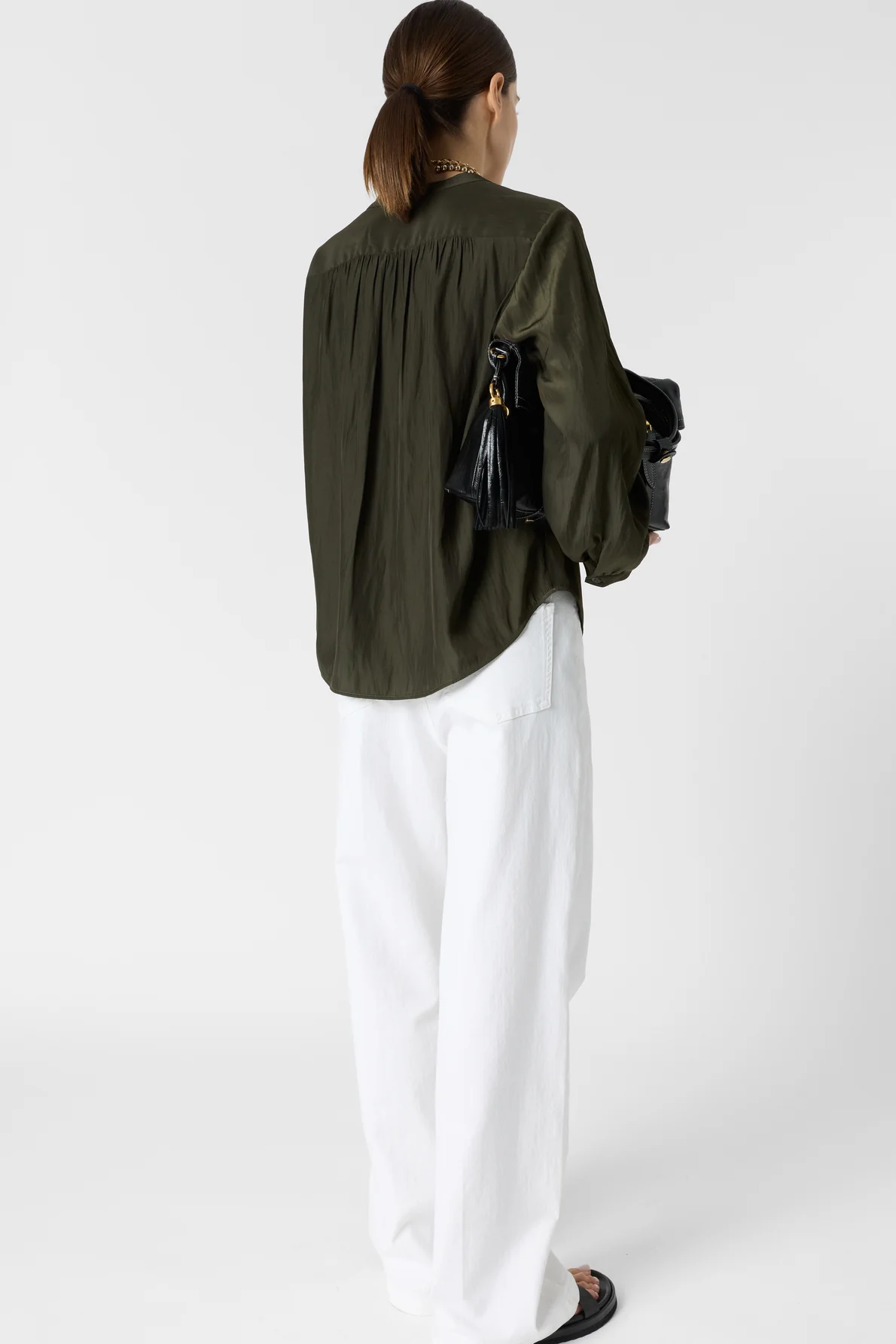 Women's Button-Down Blouse Luxurious Pleated Satin Fabric - Green - Image 4