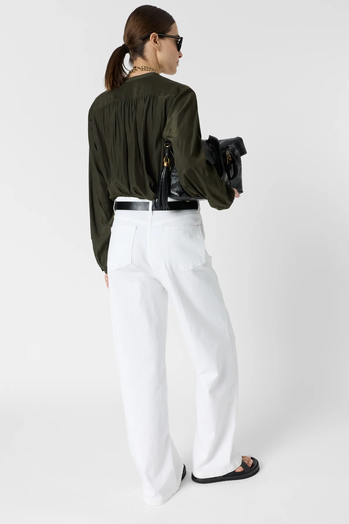 Women's Button-Down Blouse Luxurious Pleated Satin Fabric - Green - Image 9