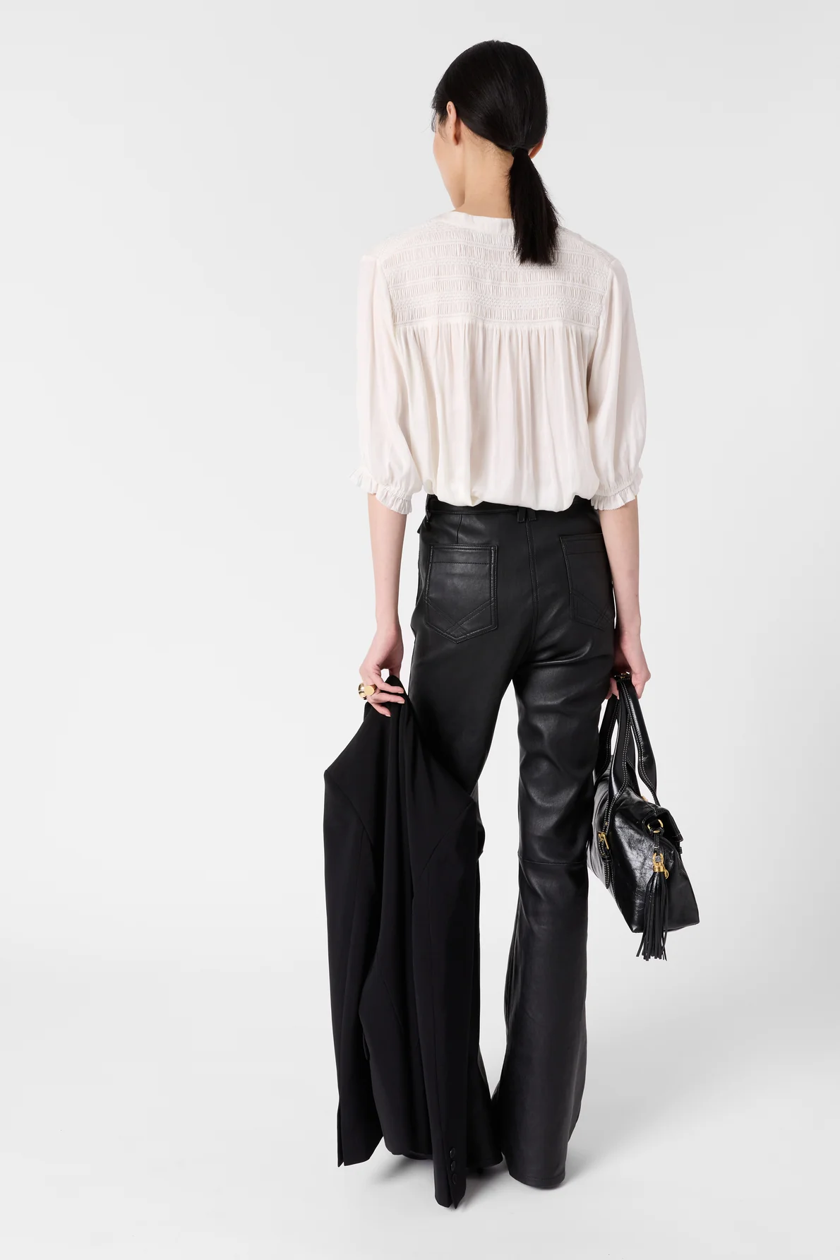 Women's Long-Sleeve Button-Down Blouse Satin - Ecru - Image 4