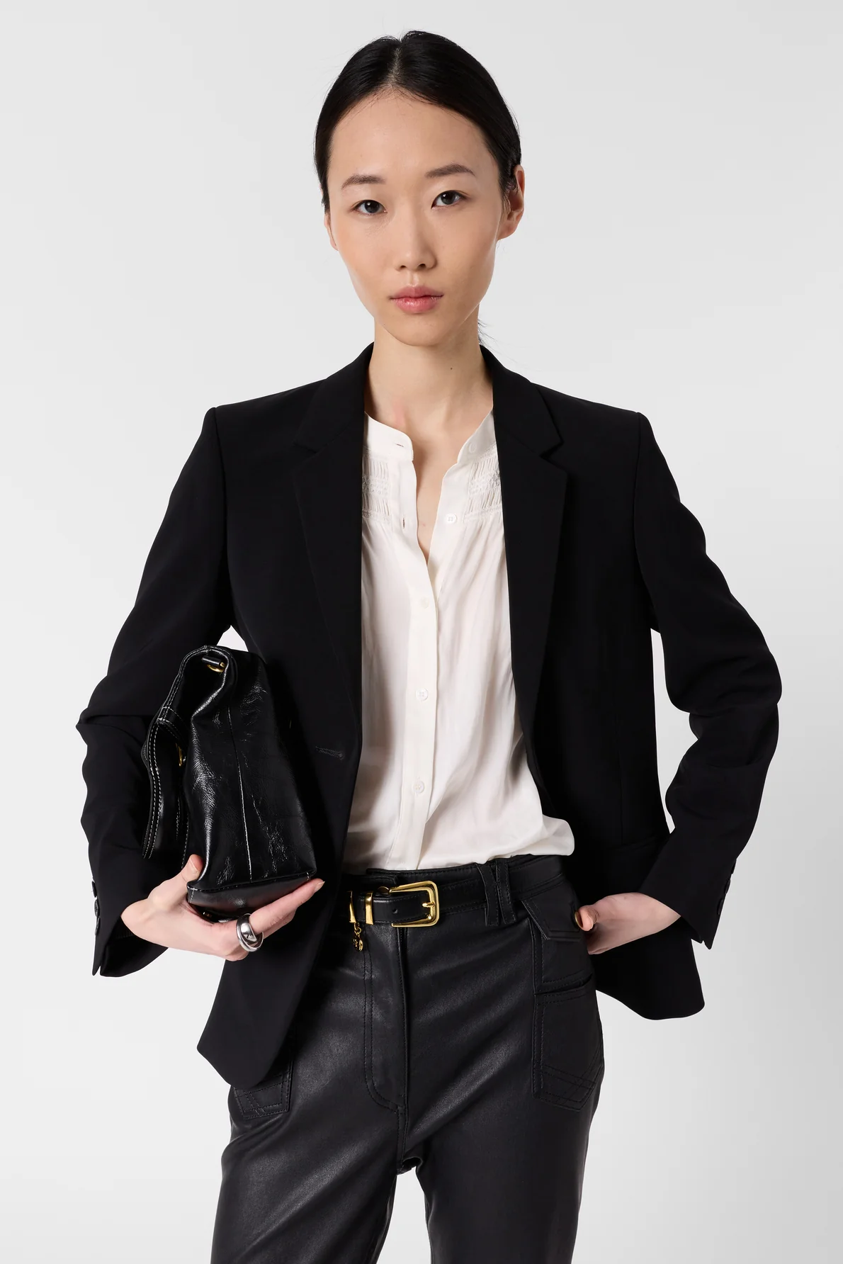 Women's Long-Sleeve Button-Down Blouse Satin - Ecru - Image 5