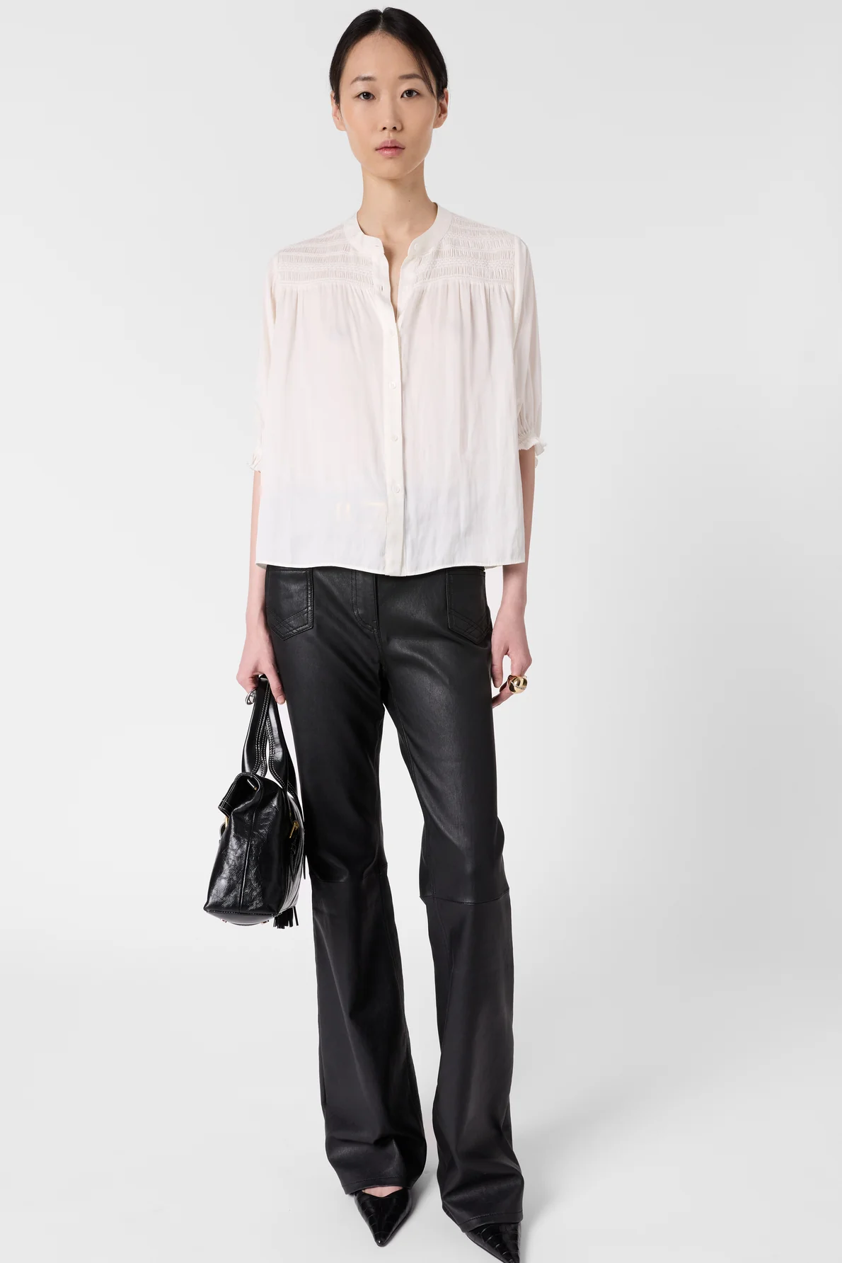 Women's Long-Sleeve Button-Down Blouse Satin - Ecru - Image 7
