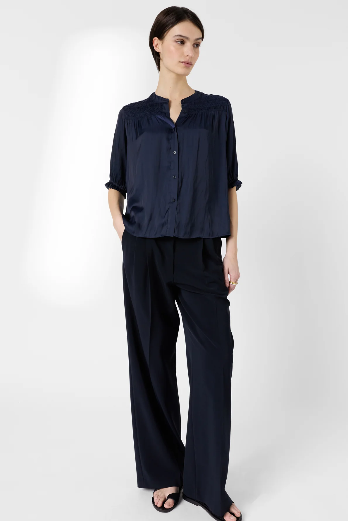 Women's Premium Button-Down Blouse Elegant Silhouette Satin - Ecru Navy - Image 7
