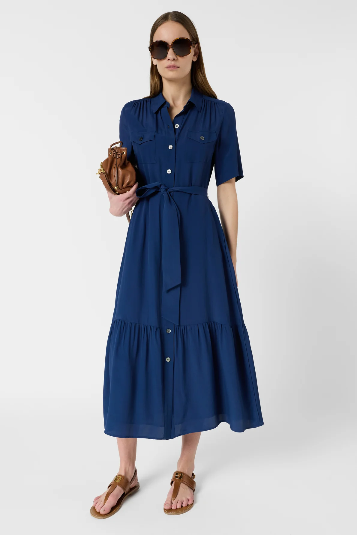 Women's Shirtdress With Belt And Flounce Silk - Indigo Ink - Image 2