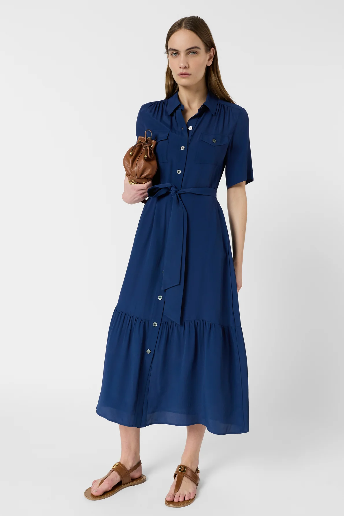 Women's Shirtdress With Belt And Flounce Silk - Indigo Ink - Image 7