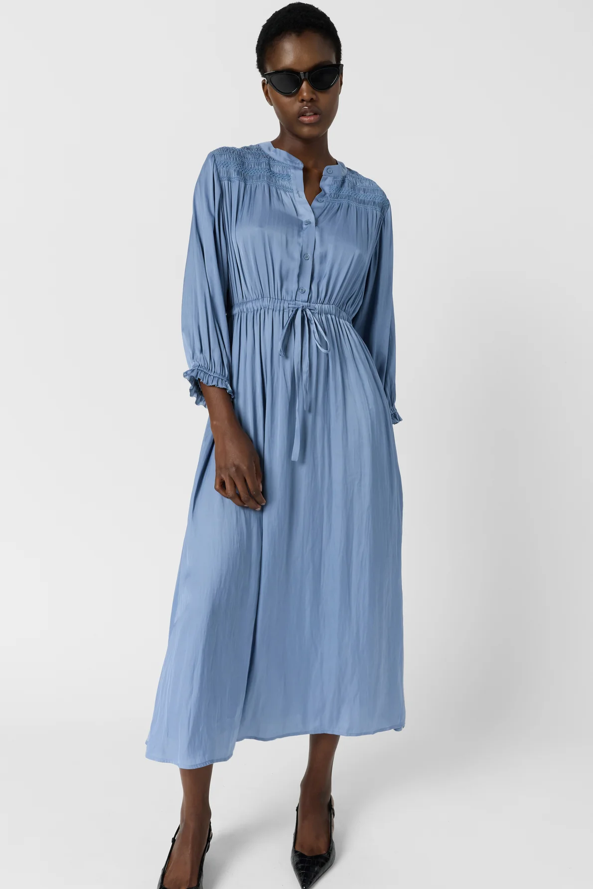 Women's Dress With Embroidered Smocks Satin - Sky Blue Bluesky - Image 3