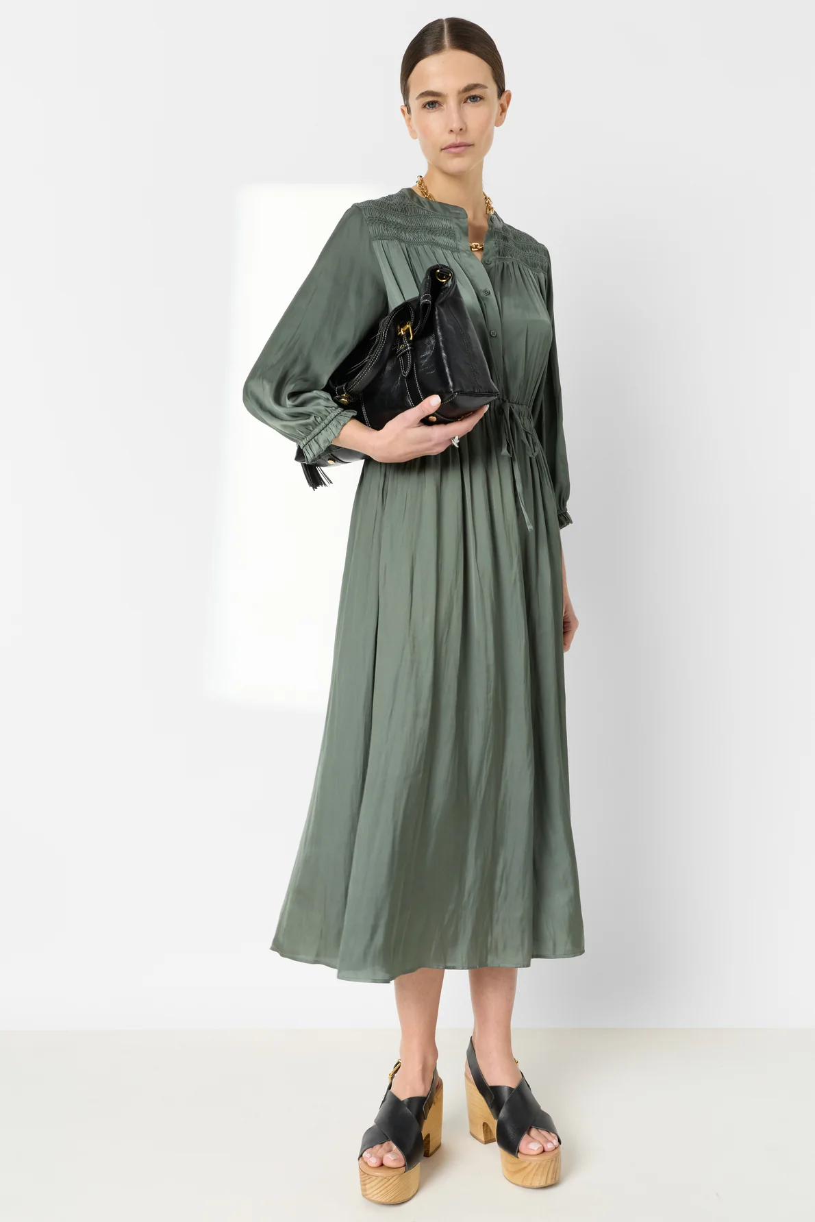 Women's Dress Embroidered Waist-Defined A-Line Satin - Sky Blue Khaki-Green - Image 2