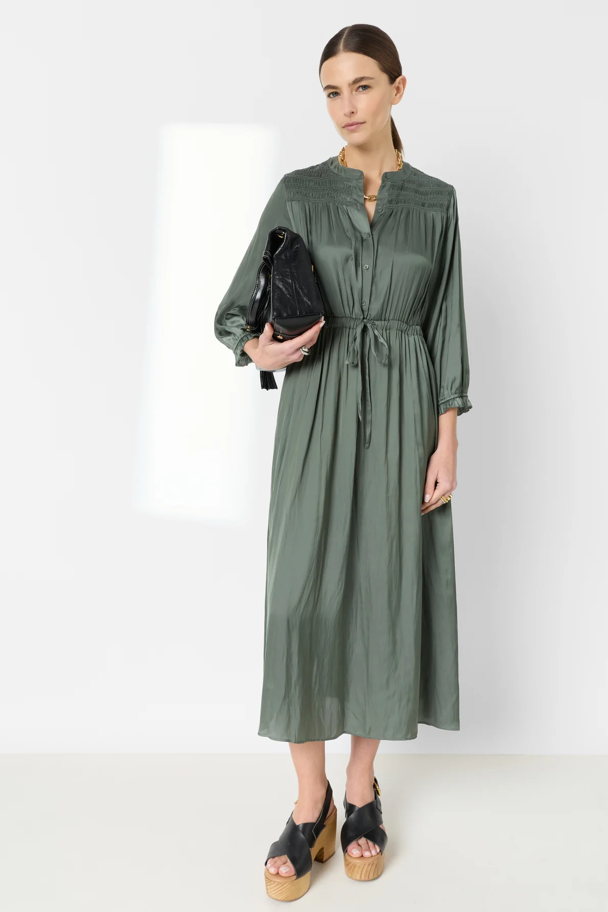 Women's Dress Embroidered Waist-Defined A-Line Satin - Sky Blue Khaki-Green - Image 8