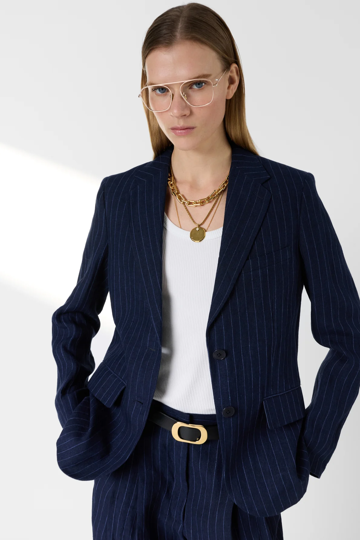 Women's Casual Jacket Mid Length Relaxed Fit Linen - Navy - Image 2