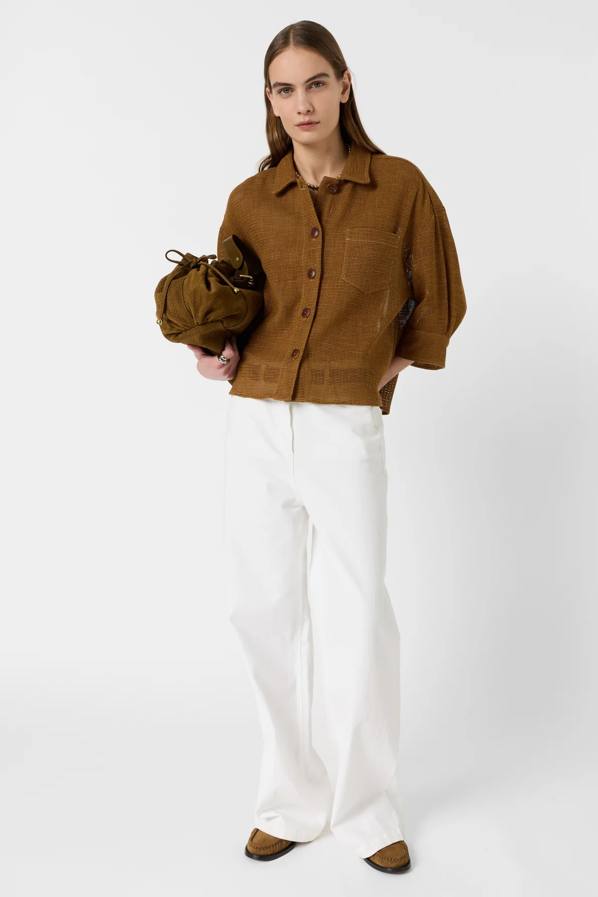 Women's Overshirt Cotton-Linen Blend Openwork - Camel Caramel - Image 3