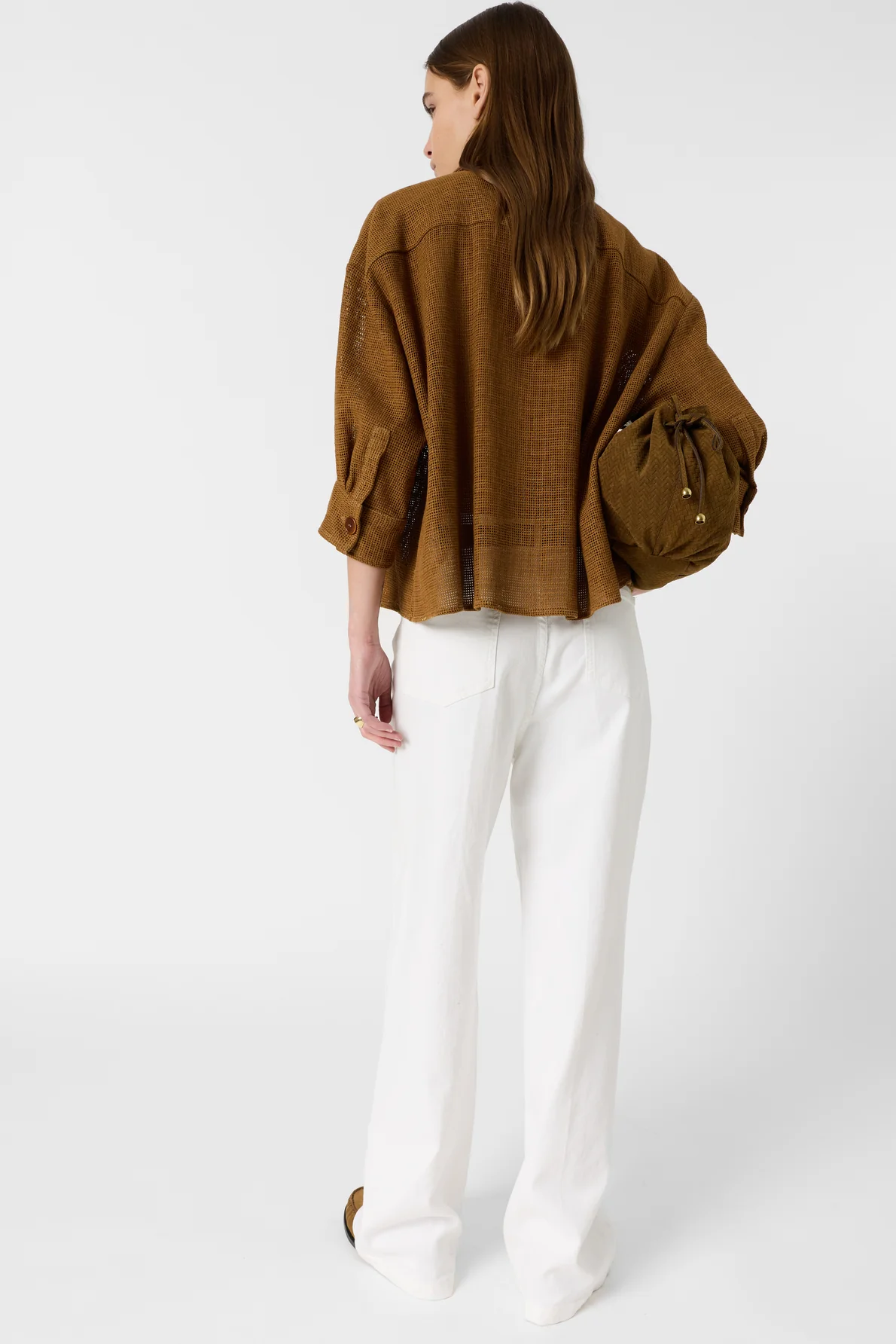Women's Overshirt Cotton-Linen Blend Openwork - Camel Caramel - Image 4