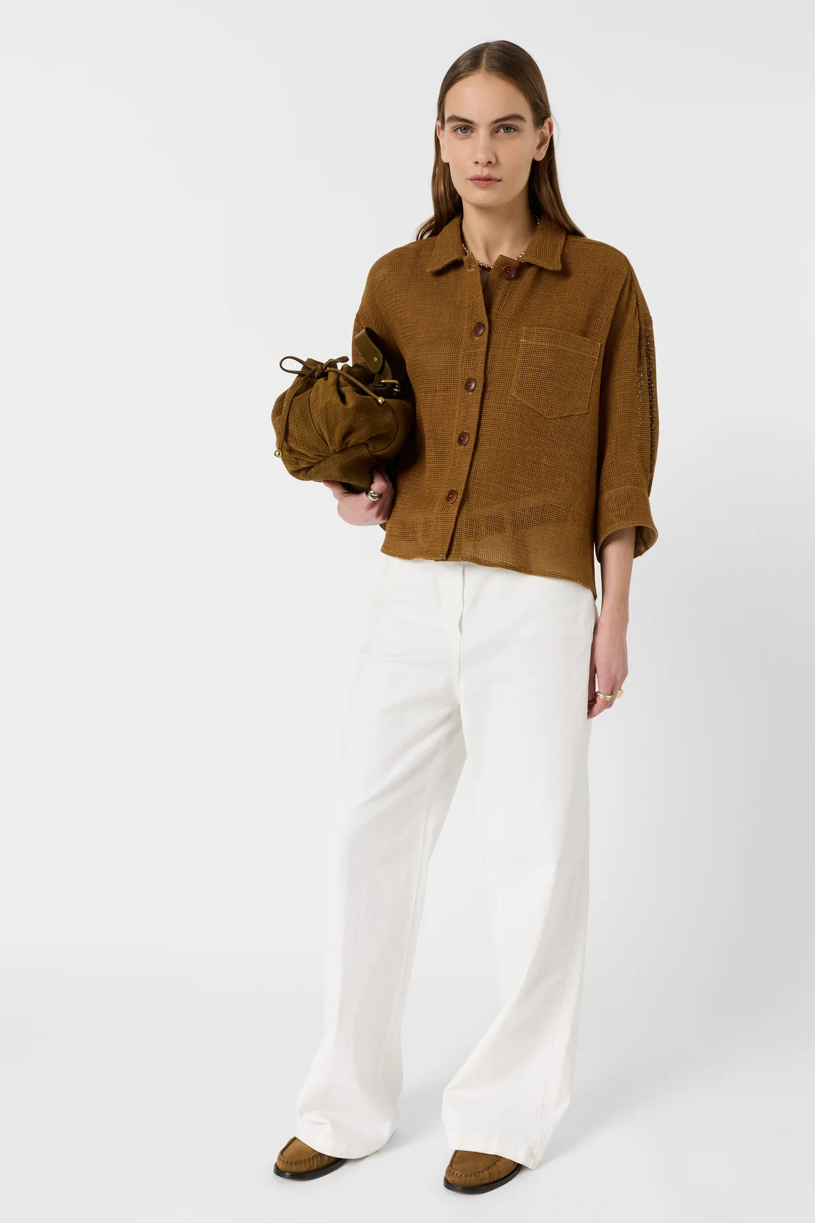 Women's Overshirt Cotton-Linen Blend Openwork - Camel Caramel - Image 7