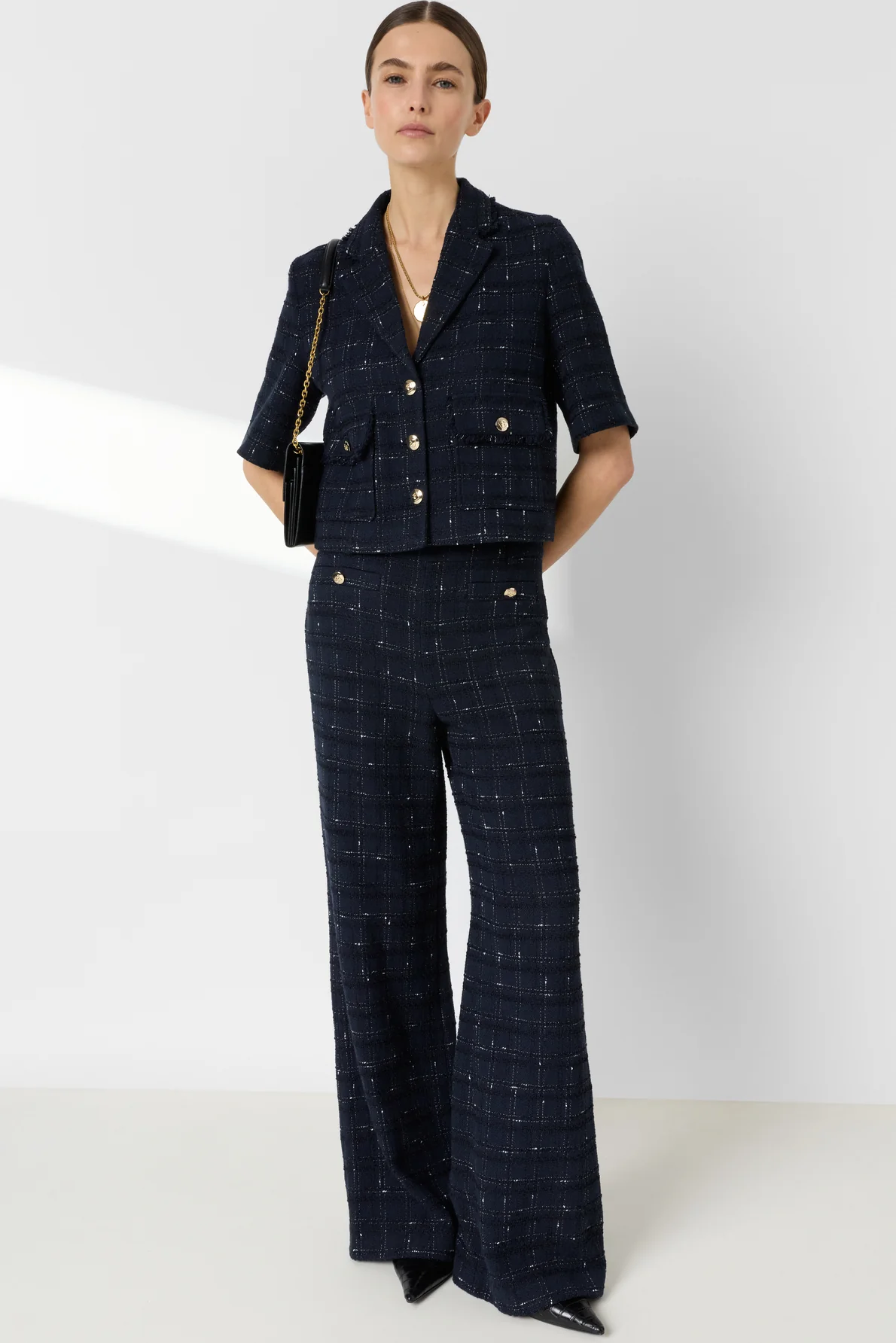 Women Tailored Suit Jacket Tweed Wool Blend - Navy - Image 2