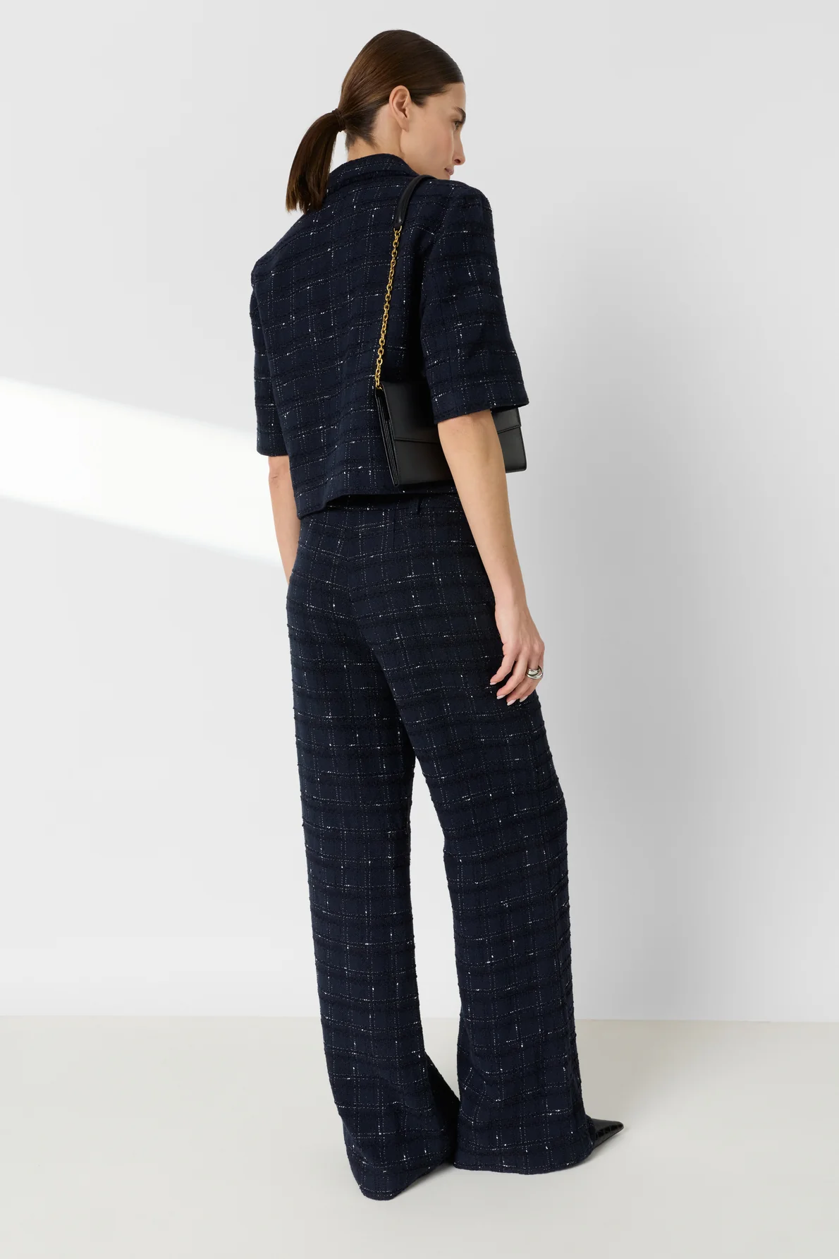 Women Tailored Suit Jacket Tweed Wool Blend - Navy - Image 4